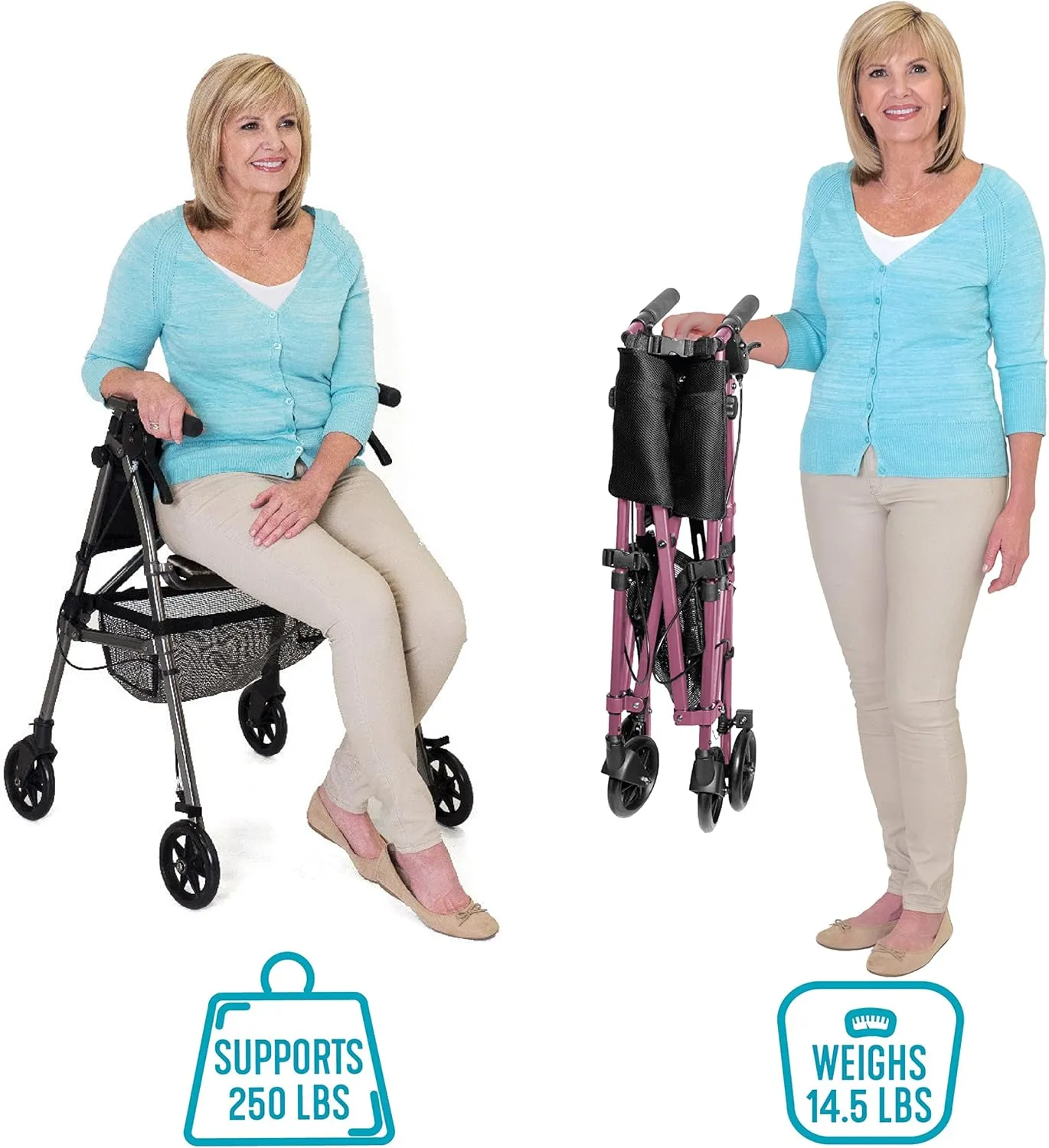 Stander Wonder Rollator Plus, Lightweight Folding Mobility Rolling-Walker, EZ Fold-N-Go-Rollator for Seniors and Adults, 6-inch Wheels, Locking Brakes and Padded Seat with Backrest, Cobalt Blue
