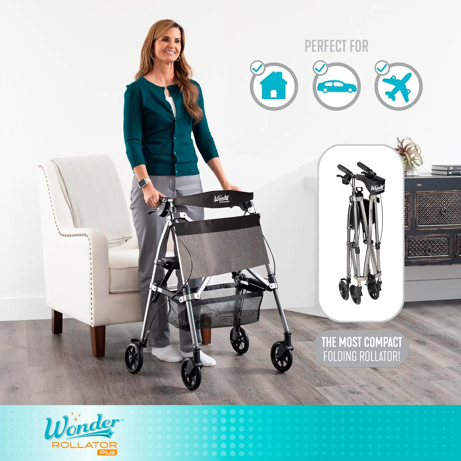 Stander Wonder Rollator Plus, Lightweight Folding Mobility Rolling-Walker, EZ Fold-N-Go-Rollator for Seniors and Adults, 6-inch Wheels, Locking Brakes and Padded Seat with Backrest, Desert Sand