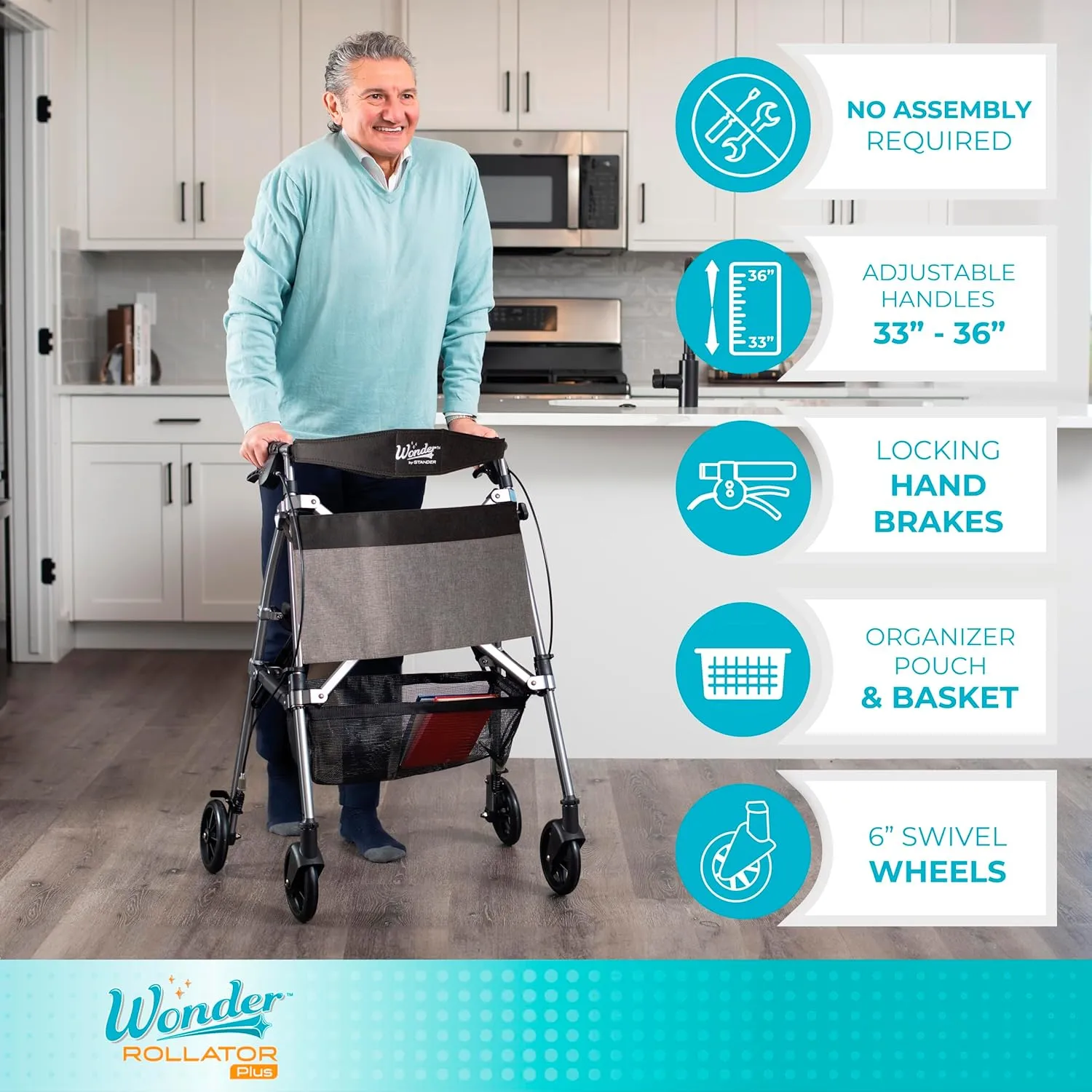 Stander Wonder Rollator Plus, Lightweight Folding Mobility Rolling-Walker, EZ Fold-N-Go-Rollator for Seniors and Adults, 6-inch Wheels, Locking Brakes and Padded Seat with Backrest, Desert Sand