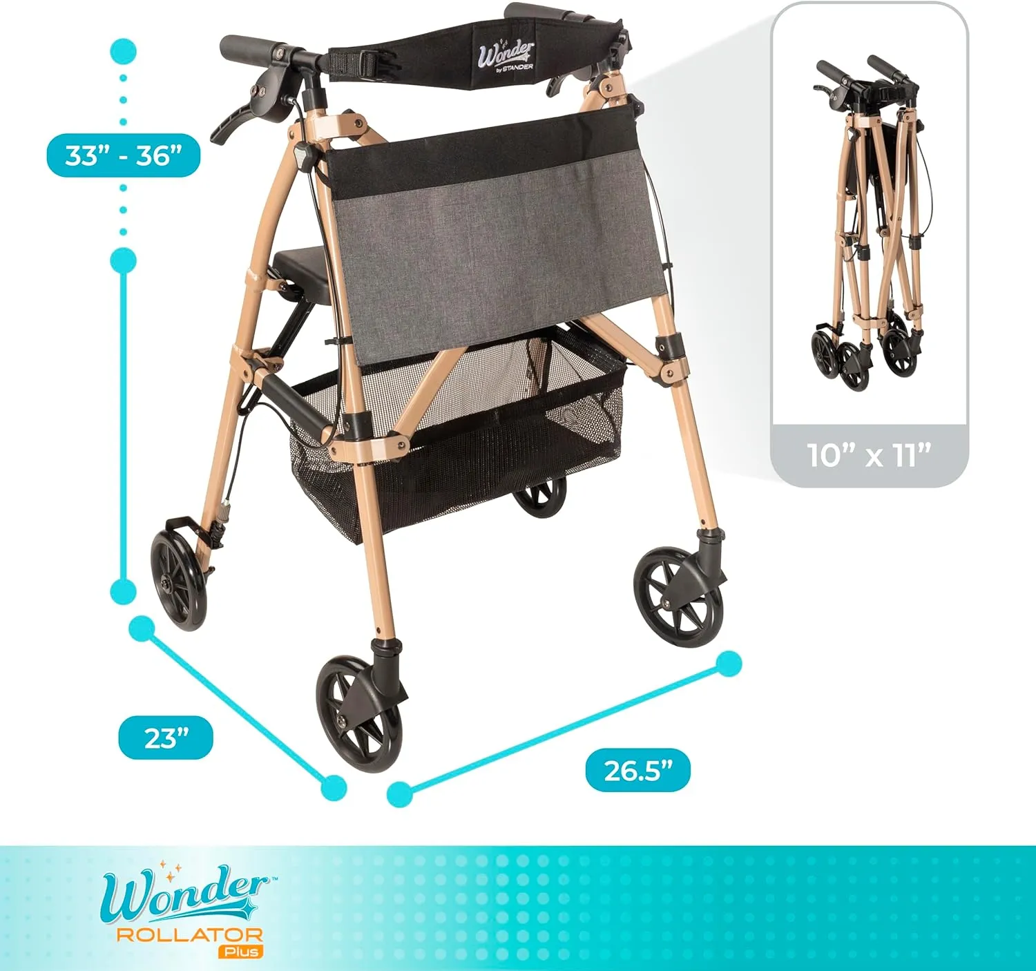 Stander Wonder Rollator Plus, Lightweight Folding Mobility Rolling-Walker, EZ Fold-N-Go-Rollator for Seniors and Adults, 6-inch Wheels, Locking Brakes and Padded Seat with Backrest, Desert Sand