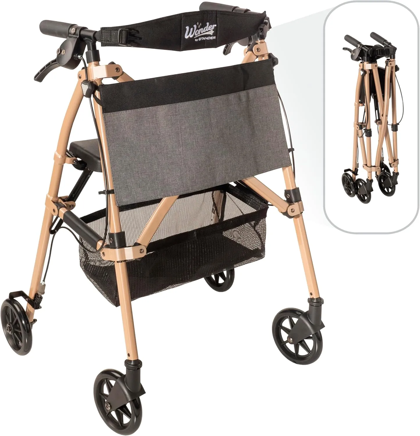 Stander Wonder Rollator Plus, Lightweight Folding Mobility Rolling-Walker, EZ Fold-N-Go-Rollator for Seniors and Adults, 6-inch Wheels, Locking Brakes and Padded Seat with Backrest, Desert Sand