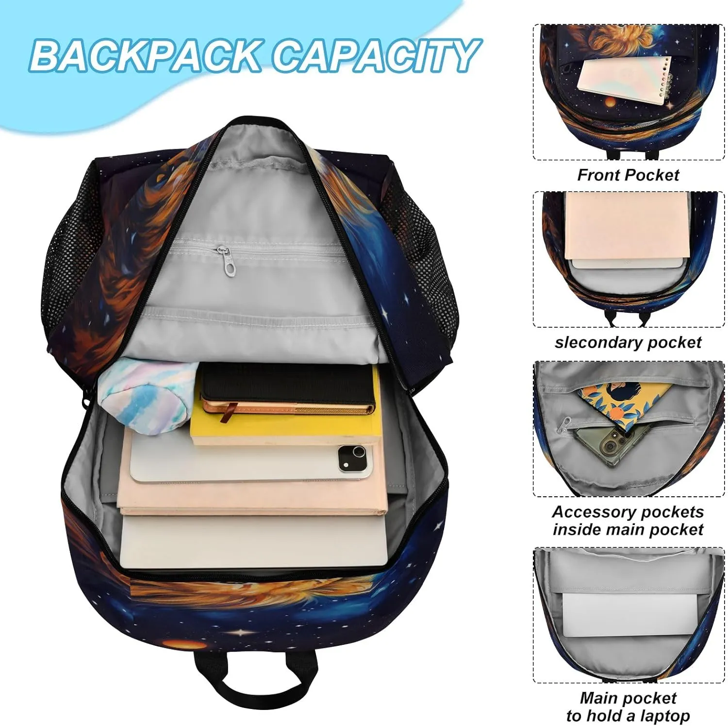 Starry Sky Tiger Backpack for Kids Lightweight Travel Schoolbags with Lunch Box Set, A01E23037