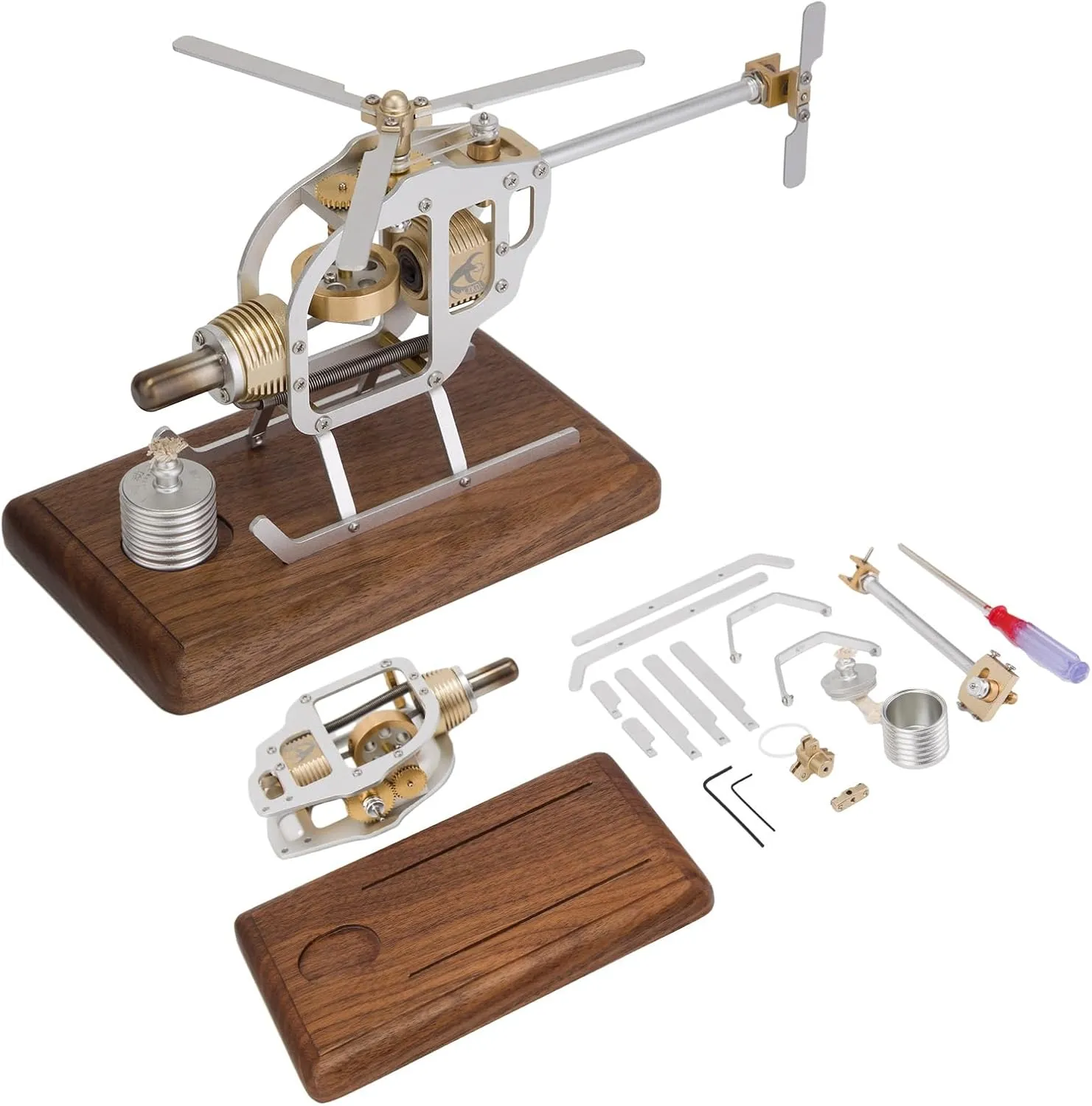 Stirling Functional Mechanical Helicopter Engine, DIY Assembly STEM Model, Desktop Decorations (KIT Version)