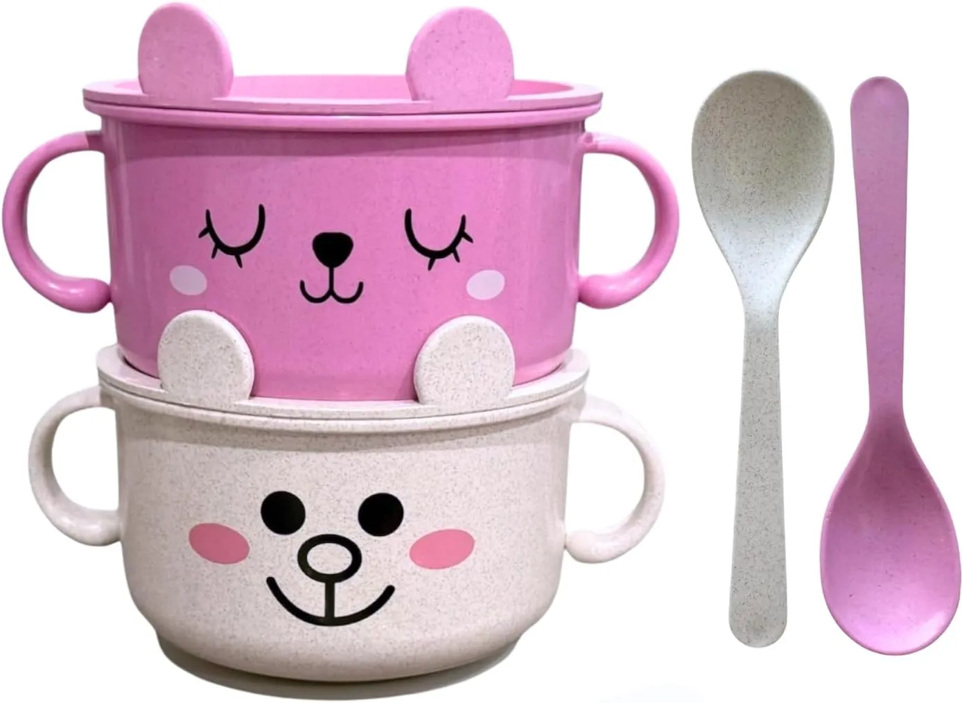 Suction Bowls for Babies & Toddlers with Spoon and Plate, Unbreakable, Eco-Friendly Wheat Straw, BPA-Free, Microwave & Dishwasher Safe, Lightweight, No Odor or Soap Taste (Pink&White)