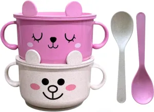 Suction Bowls for Babies & Toddlers with Spoon and Plate, Unbreakable, Eco-Friendly Wheat Straw, BPA-Free, Microwave & Dishwasher Safe, Lightweight, No Odor or Soap Taste (Pink&White)