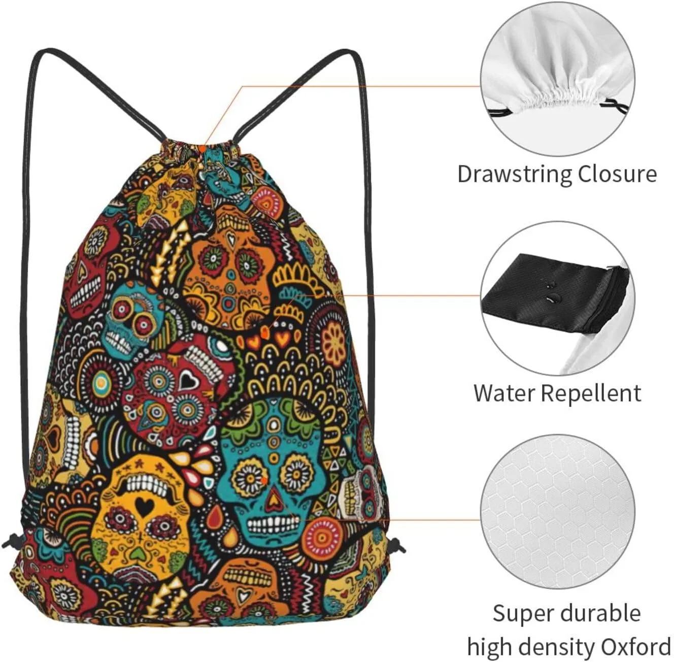 Sugar And Skulls Style Drawstring Cinch Backpack Polyester Sack Pack String Bag For Hiking Camping Adventure