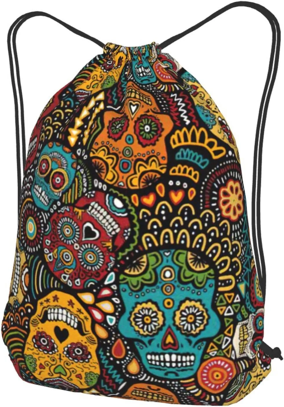 Sugar And Skulls Style Drawstring Cinch Backpack Polyester Sack Pack String Bag For Hiking Camping Adventure