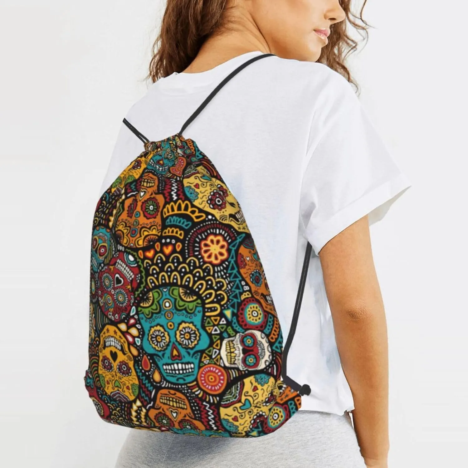 Sugar And Skulls Style Drawstring Cinch Backpack Polyester Sack Pack String Bag For Hiking Camping Adventure