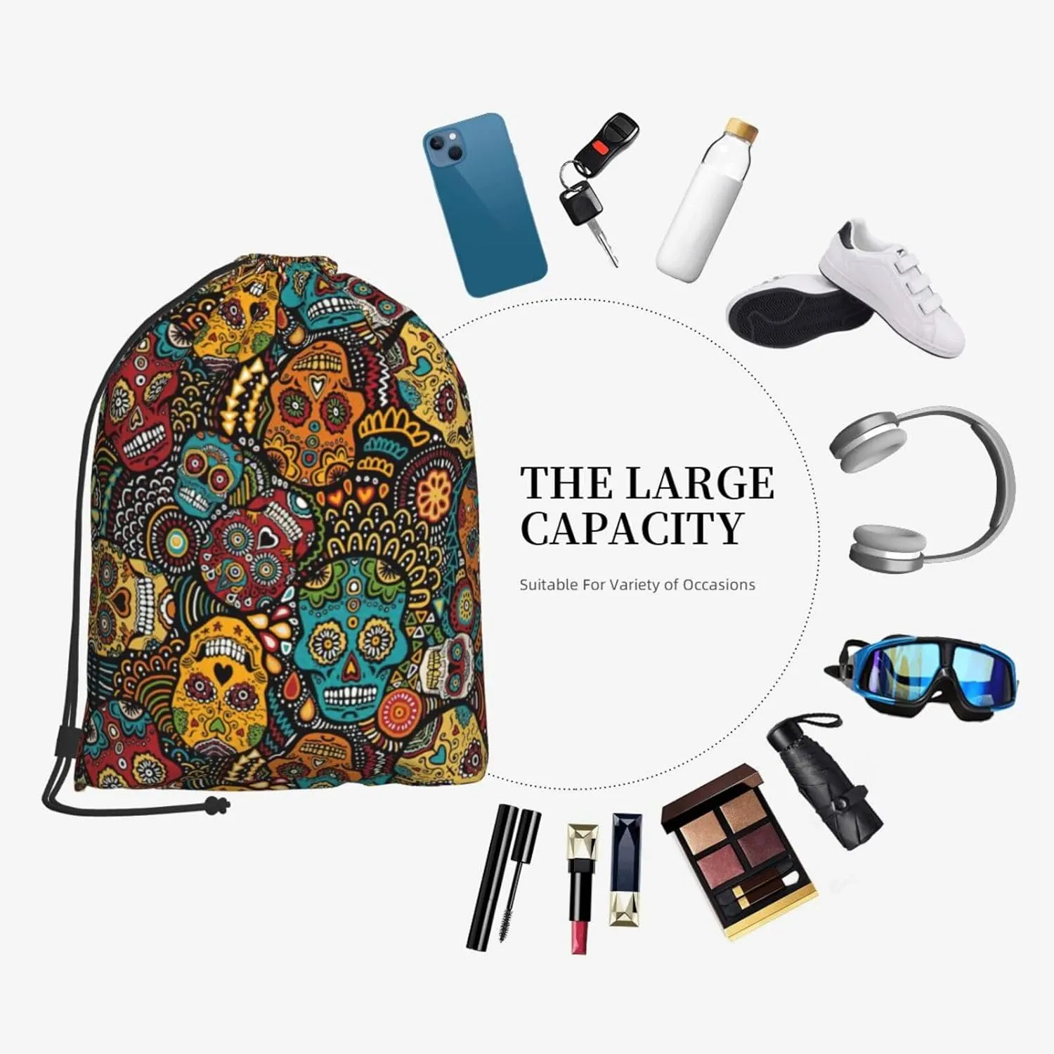 Sugar And Skulls Style Drawstring Cinch Backpack Polyester Sack Pack String Bag For Hiking Camping Adventure