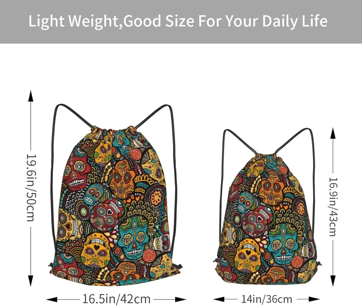 Sugar And Skulls Style Drawstring Cinch Backpack Polyester Sack Pack String Bag For Hiking Camping Adventure
