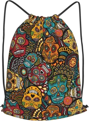 Sugar And Skulls Style Drawstring Cinch Backpack Polyester Sack Pack String Bag For Hiking Camping Adventure