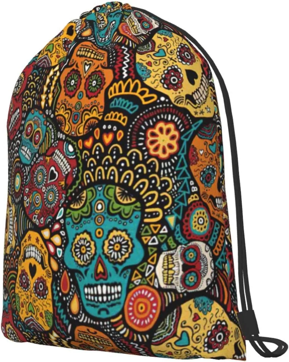 Sugar And Skulls Style Drawstring Cinch Backpack Polyester Sack Pack String Bag For Hiking Camping Adventure