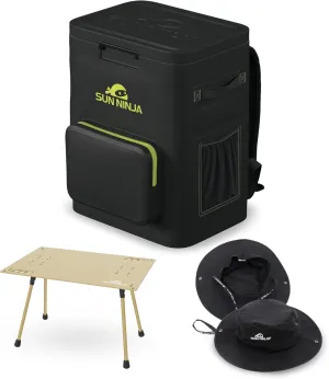 SUN NINJA Backpack Cooler Bundle with Foldable Camping Table and Reversible Bucket Hat - Insulated 36-Can Capacity, UPF 50  Sun Protection, Lightweight Aluminum Outdoor Picnic Table