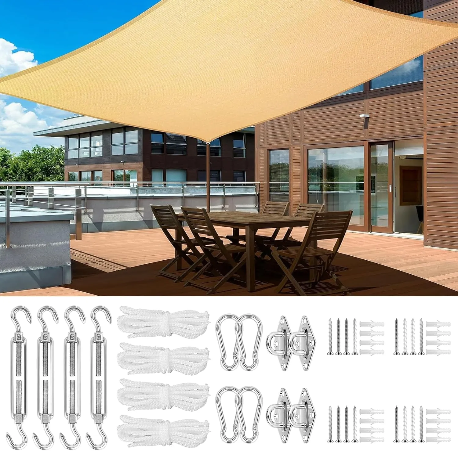 Sun Shade Sail, 10 x 13ft Rectangle Sunshade Sail with 44pcs 304 Stainless Steel Shade Sail Hardware Kit, 185G HDPE Canopy 95% UV-Block Shade Sail for Backyard Deck Patio Garden (Sand)