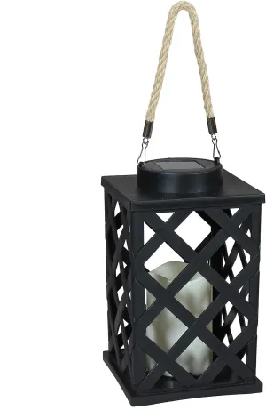 Sunnydaze Modern Crosshatch Outdoor Solar LED Decorative Candle Lantern - Rustic Farmhouse Decor for Patio, Porch, Deck and Garden - Tabletop and Hanging Outside Light - 9-Inch - Black