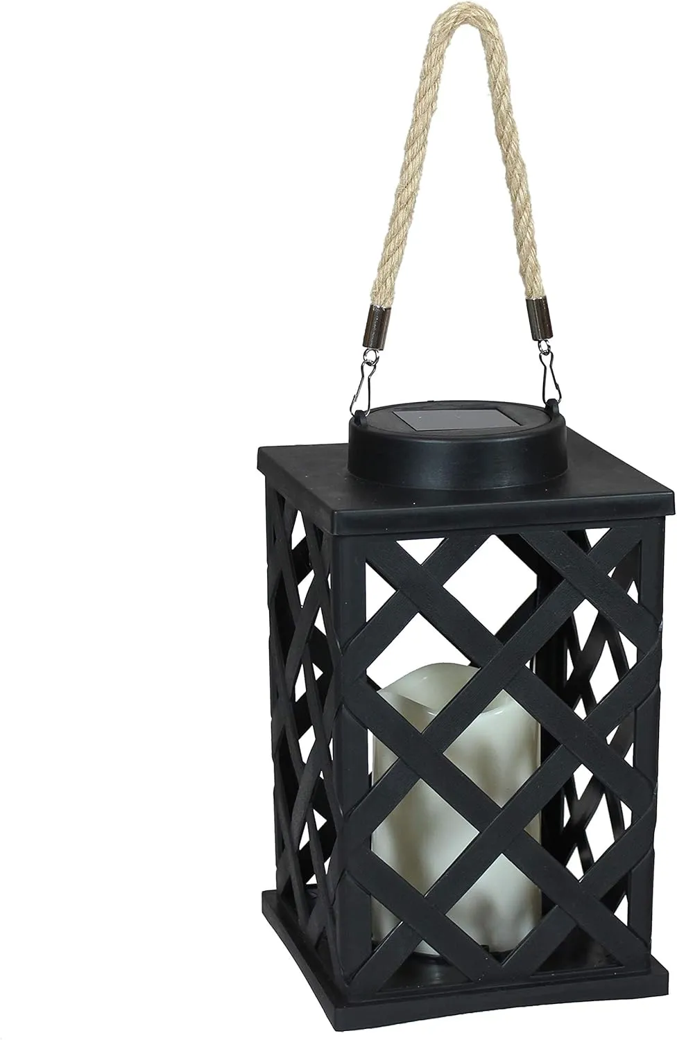 Sunnydaze Modern Crosshatch Outdoor Solar LED Decorative Candle Lantern - Rustic Farmhouse Decor for Patio, Porch, Deck and Garden - Tabletop and Hanging Outside Light - 9-Inch - Black