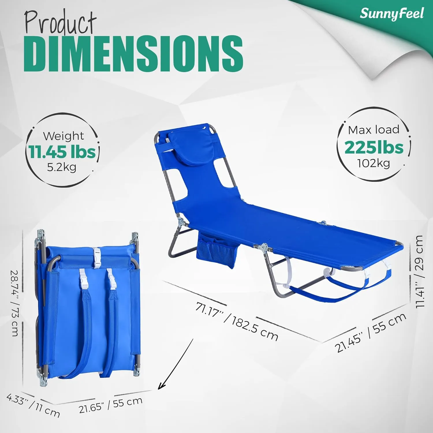 SunnyFeel Beach Lounge Chair, Backpack Reclining Beach Chairs Lay Flat, Face Down Tanning Chair, Folding Camping Chairs Portable Camp Cot with Backpack Straps for Outdoor/Picnic/Lawn
