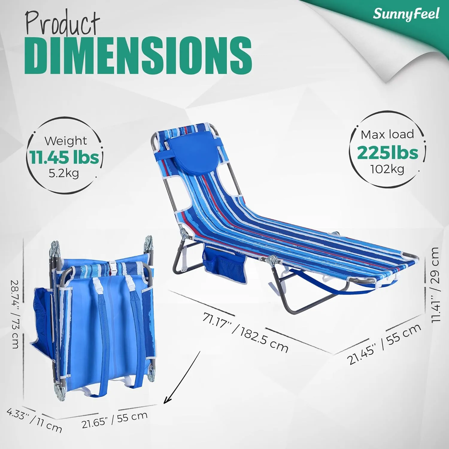 SUNNYFEEL Beach Lounge Chair, Backpack Reclining Beach Chairs Lay Flat, Sun Face Down Tanning Chair, Folding Camping Chairs Portable Camp Cot with Backpack Straps for Outdoor/Picnic/Lawn