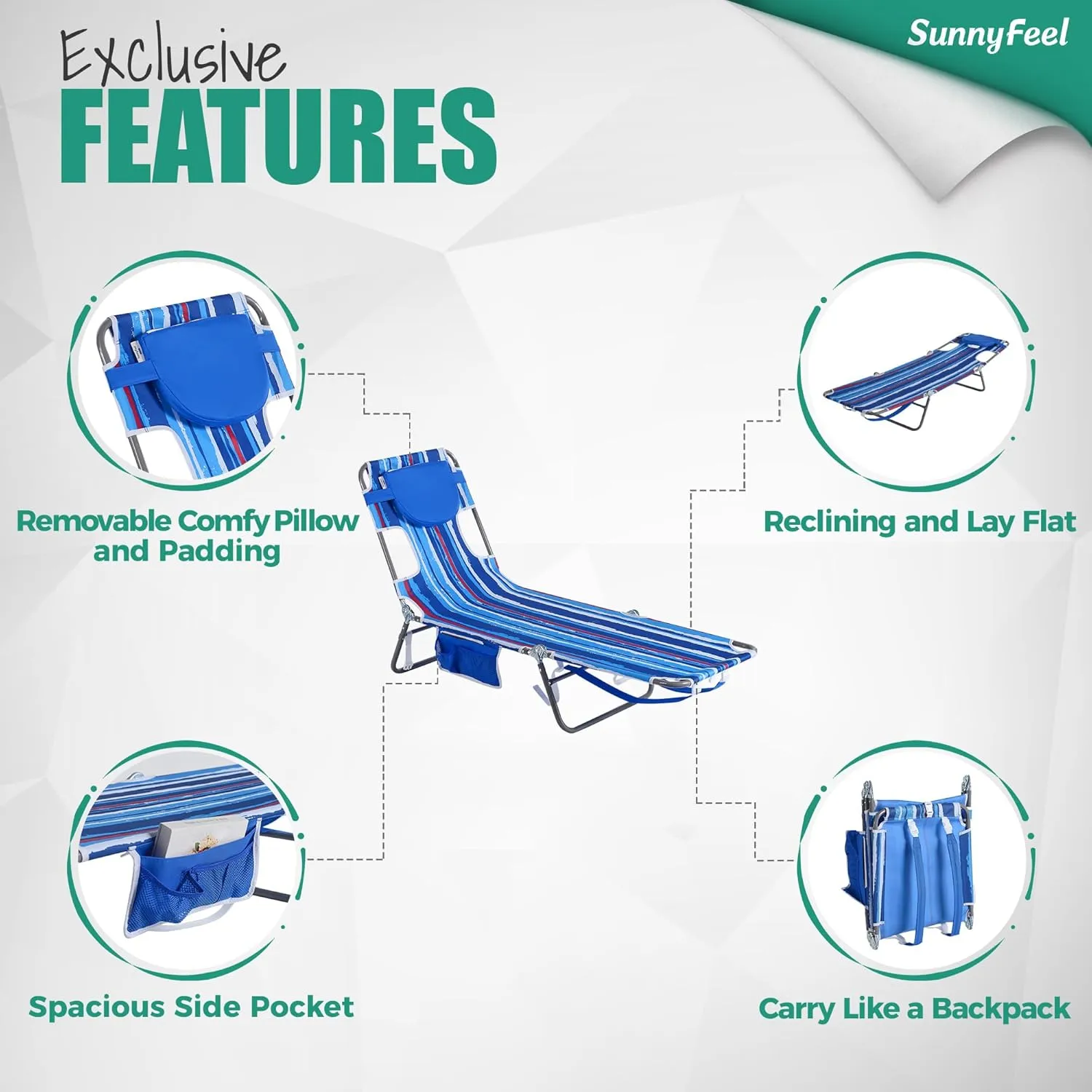 SUNNYFEEL Beach Lounge Chair, Backpack Reclining Beach Chairs Lay Flat, Sun Face Down Tanning Chair, Folding Camping Chairs Portable Camp Cot with Backpack Straps for Outdoor/Picnic/Lawn