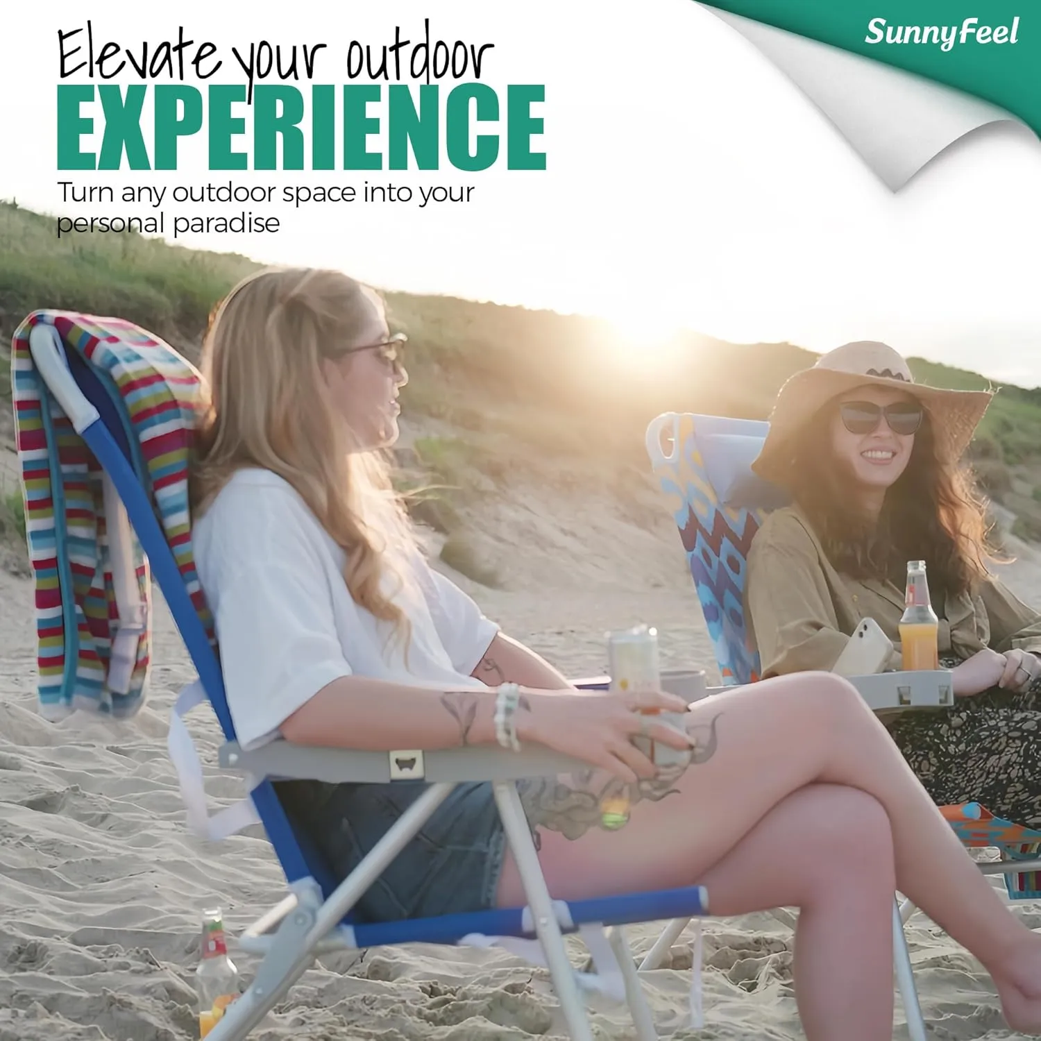 SUNNYFEEL Extra Wide Low Beach Chair 2 Pack 5 Position Lay, XL Oversized Portable Folding Camping Chairs with Cup Holder for Outdoor/Sand, Foldable Backpack Beach Chair for Adults Heavy Duty 500 LBS