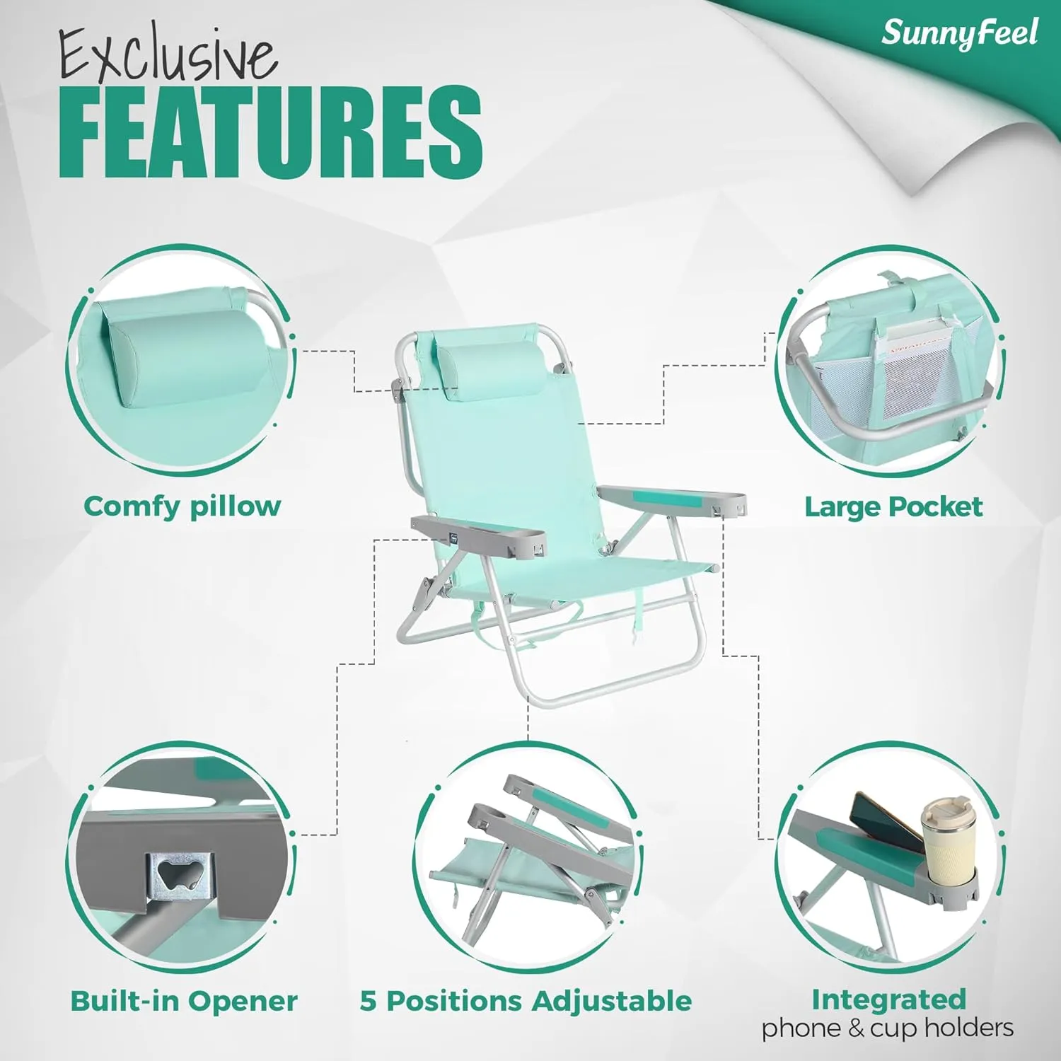 SUNNYFEEL Low Folding Beach Chair 500 LBS Heavy Duty 5 Position Lay Flat, XL Oversized Portable Sand Camping Chairs with Cup Holder for Outdoor/Trip, Lightweight Backpack Beach Chairs for Adults