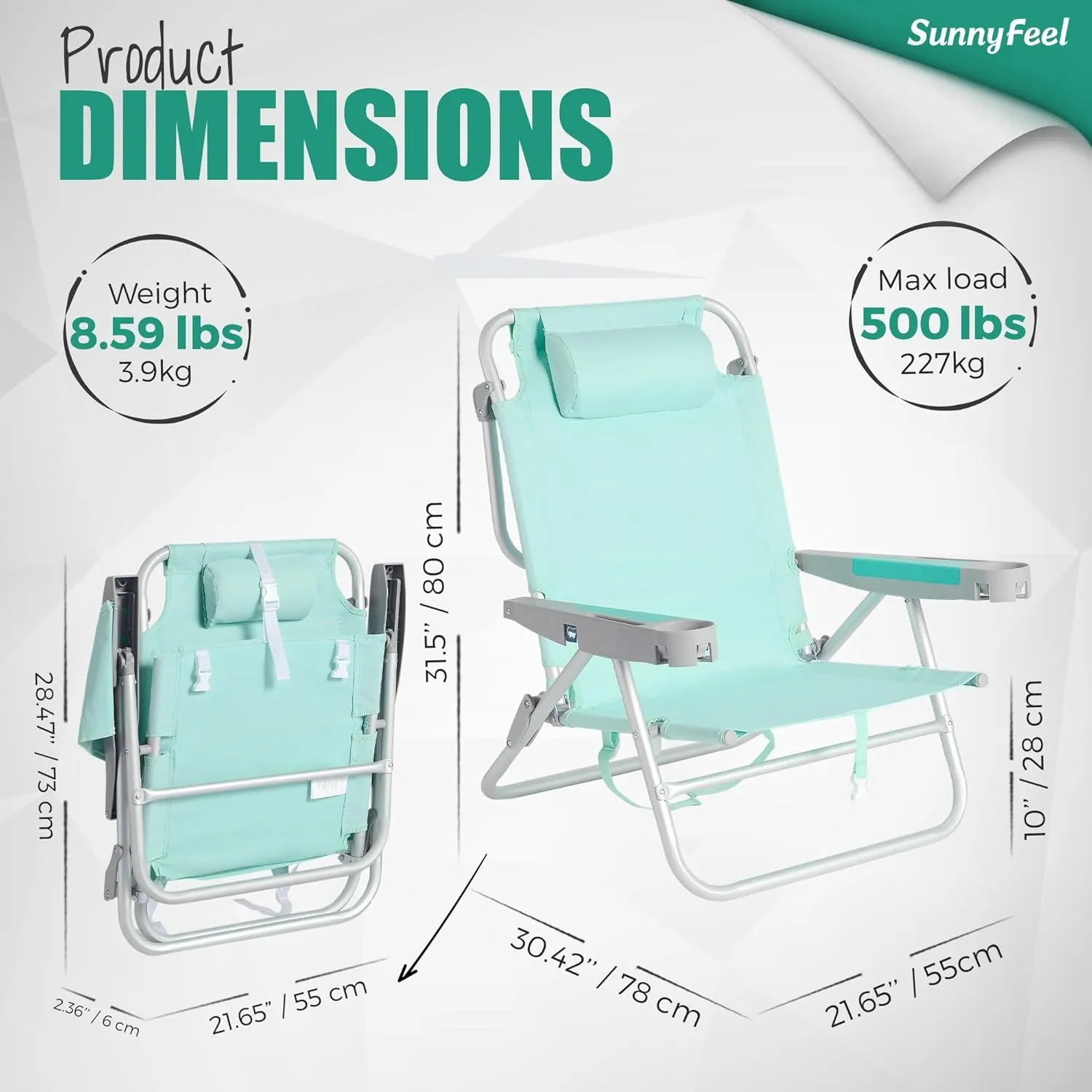 SUNNYFEEL Low Folding Beach Chair 500 LBS Heavy Duty 5 Position Lay Flat, XL Oversized Portable Sand Camping Chairs with Cup Holder for Outdoor/Trip, Lightweight Backpack Beach Chairs for Adults