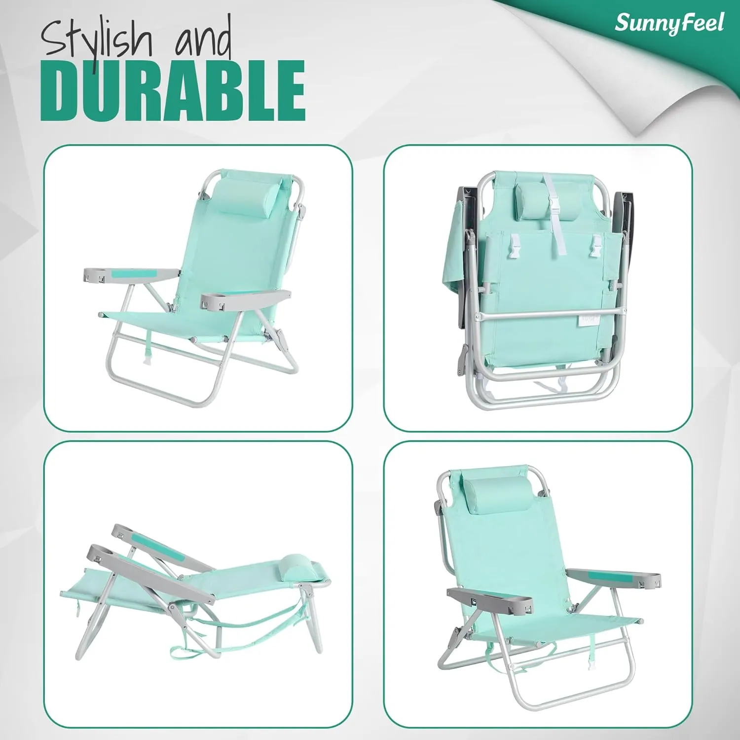 SUNNYFEEL Low Folding Beach Chair 500 LBS Heavy Duty 5 Position Lay Flat, XL Oversized Portable Sand Camping Chairs with Cup Holder for Outdoor/Trip, Lightweight Backpack Beach Chairs for Adults