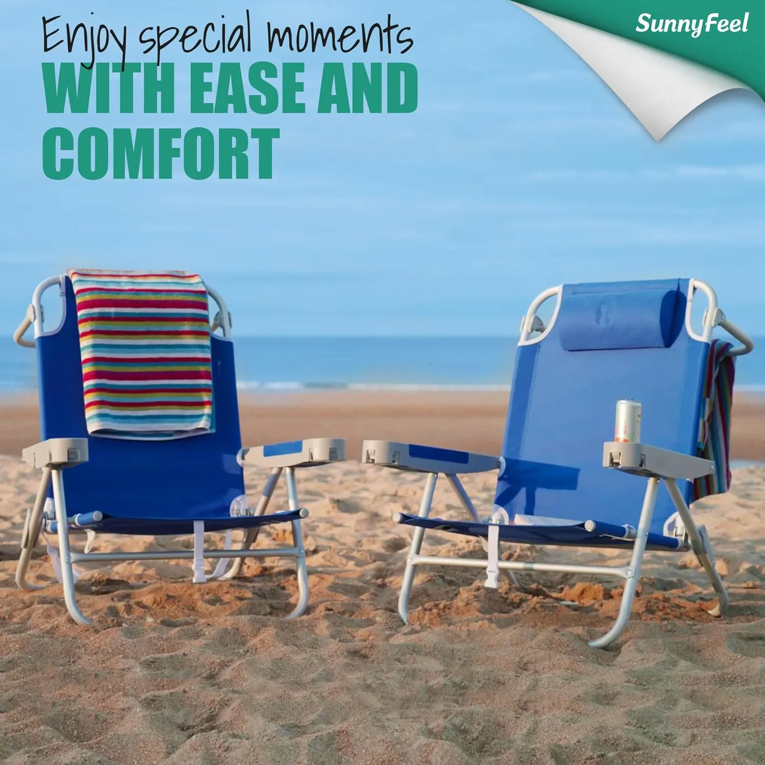 SUNNYFEEL Low Folding Beach Chair 500 LBS Heavy Duty 5 Position Lay Flat, XL Oversized Portable Sand Camping Chairs with Cup Holder for Outdoor/Trip, Lightweight Backpack Beach Chairs for Adults