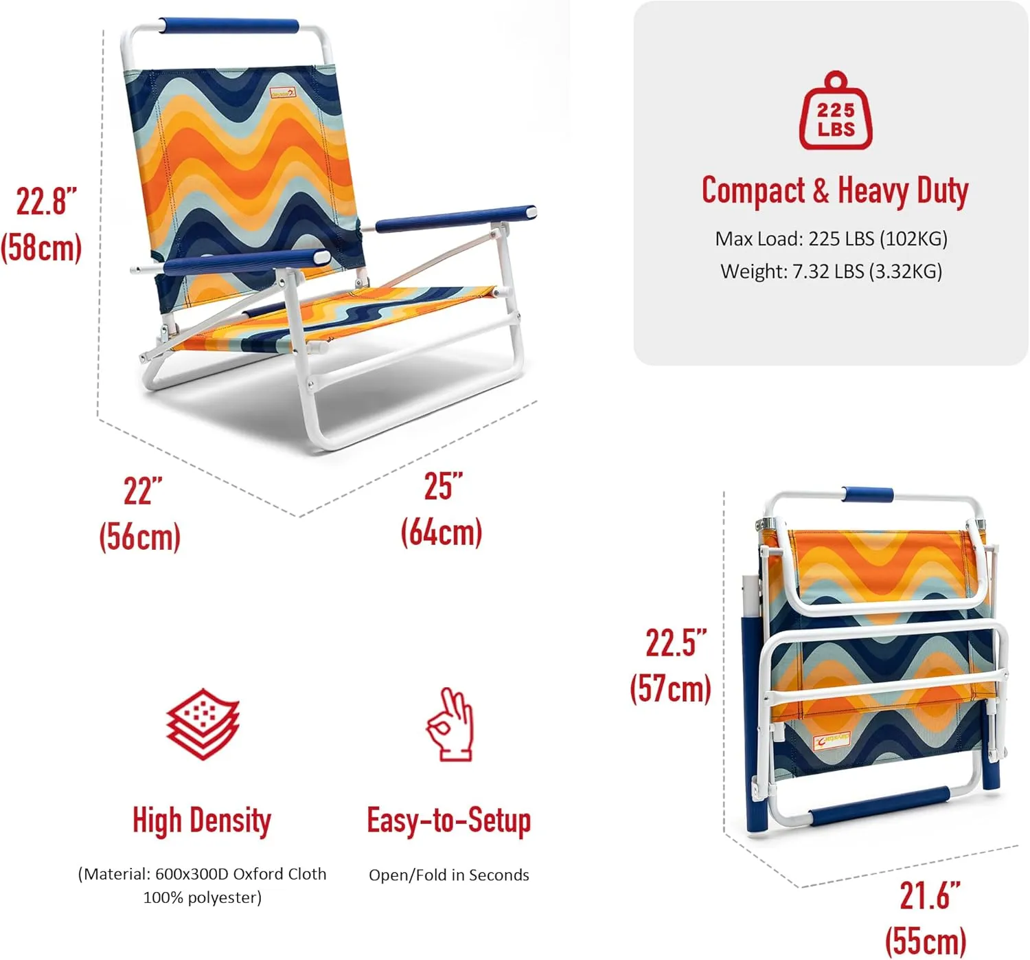 SunnyFeel Low Folding Beach Chair for Adults, Lightweight Beach Chair, Portable Camping Sand Chairs with Hard Armrest, Supports 300lbs for Lawn Concert