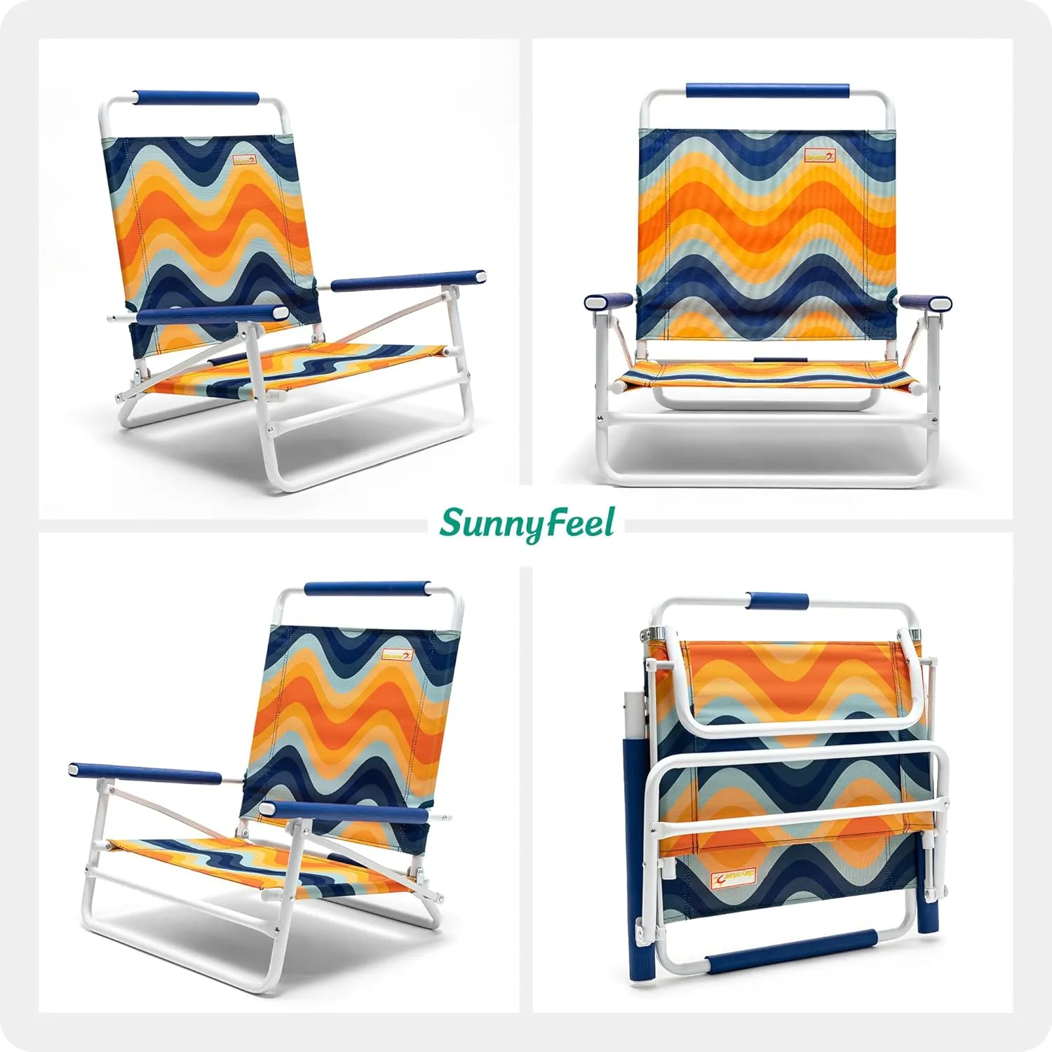 SunnyFeel Low Folding Beach Chair for Adults, Lightweight Beach Chair, Portable Camping Sand Chairs with Hard Armrest, Supports 300lbs for Lawn Concert