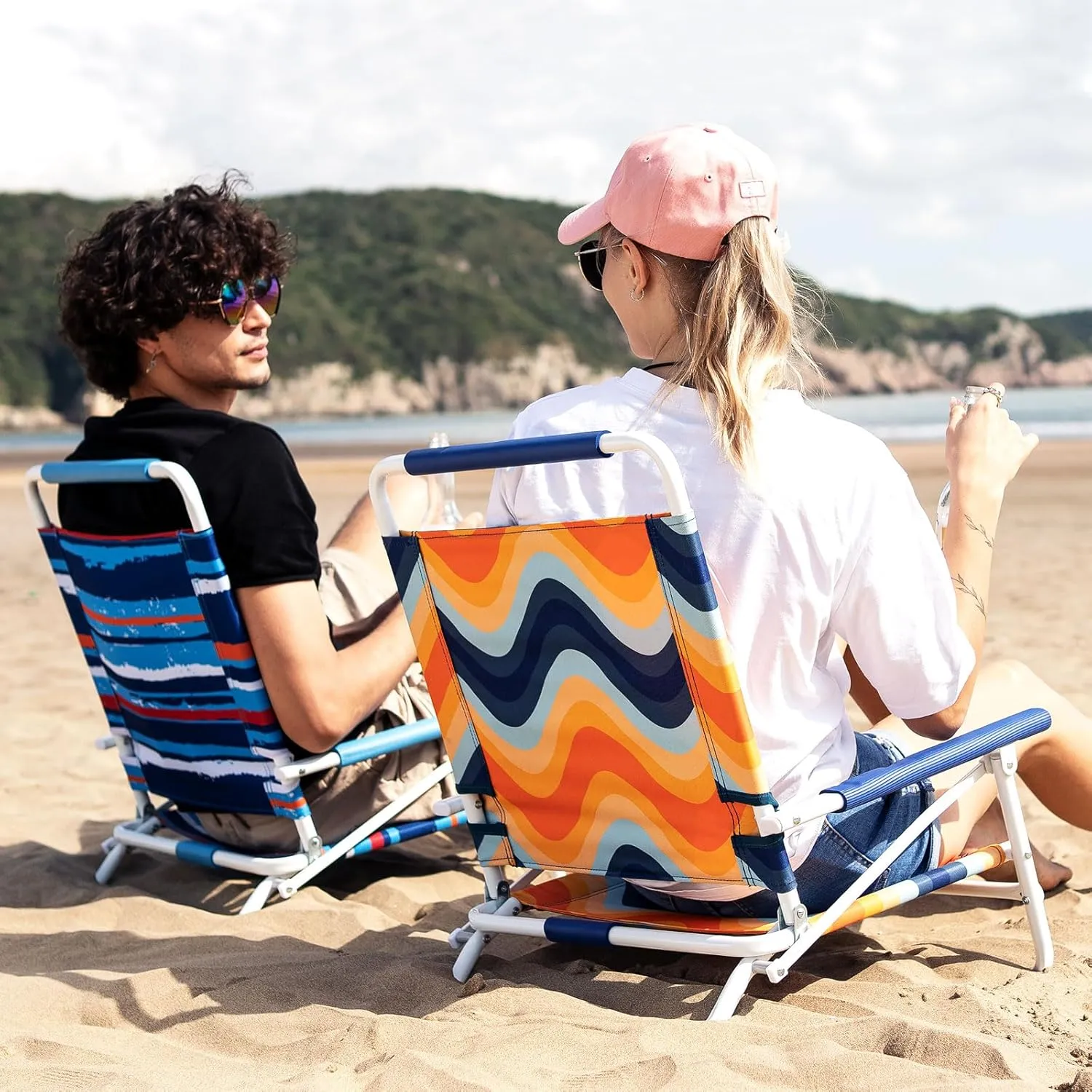 SunnyFeel Low Folding Beach Chair for Adults, Lightweight Beach Chair, Portable Camping Sand Chairs with Hard Armrest, Supports 300lbs for Lawn Concert