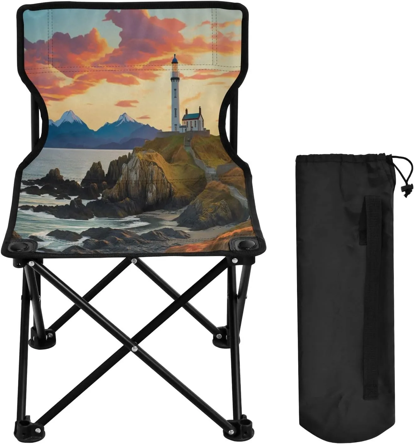 Sunrise Lighthouse Portable Outdoor Folding Chair Anti-Slip Padded Oxford Cloth Stool Camping Chair Small for Beach Hiking Fishing Gardening Quad Camp Chair