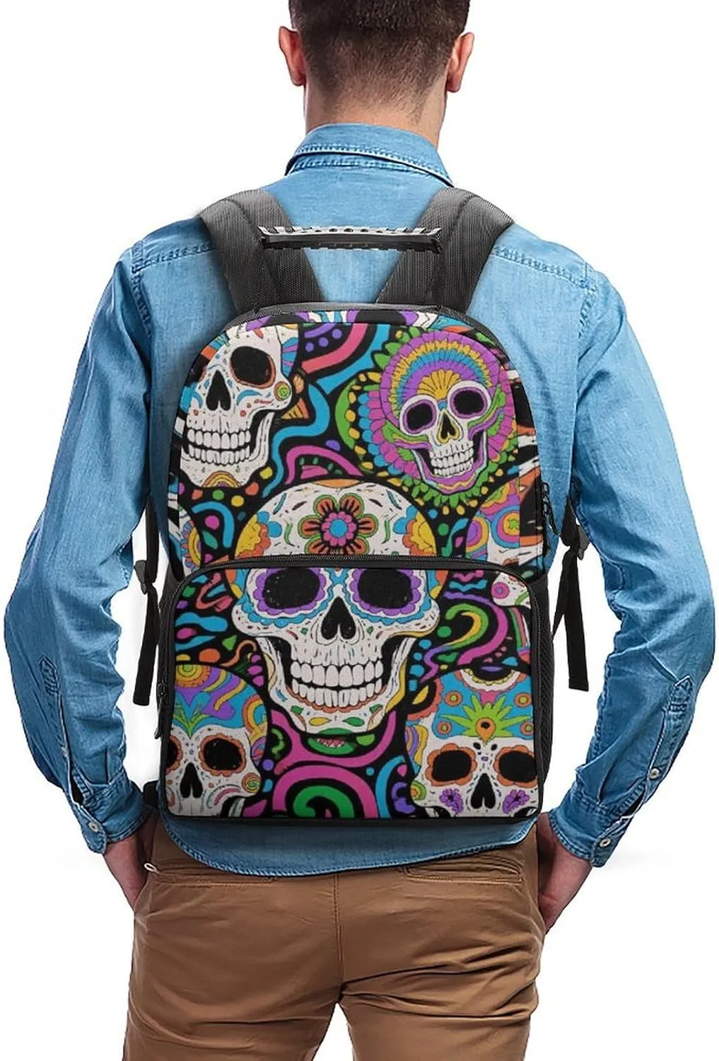 Supdreamc Adults Lightweight Trippy Skull Art Rucksacks Large Capacity Bookbag With Adjustable Shoulder Straps for Trekking Outdoors Bicycle