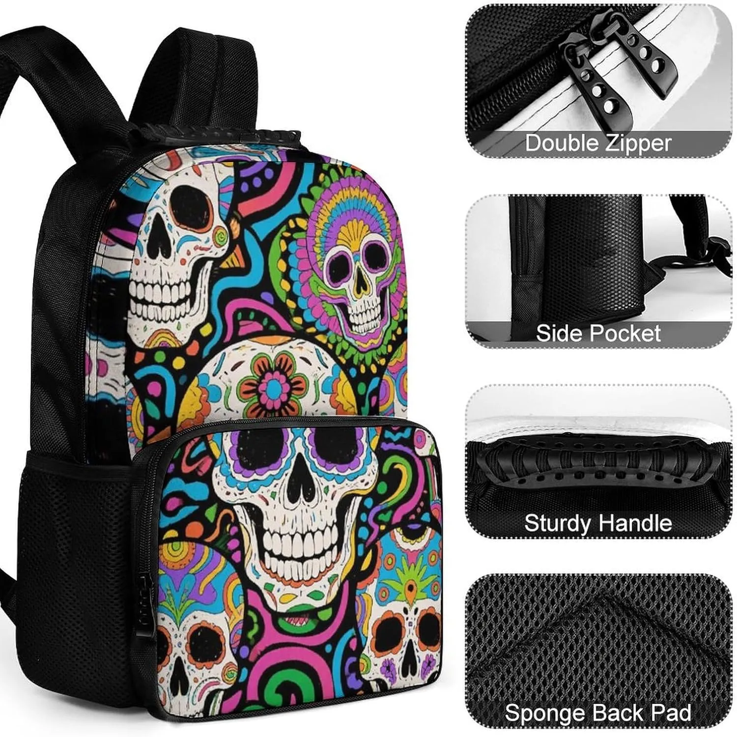 Supdreamc Adults Lightweight Trippy Skull Art Rucksacks Large Capacity Bookbag With Adjustable Shoulder Straps for Trekking Outdoors Bicycle