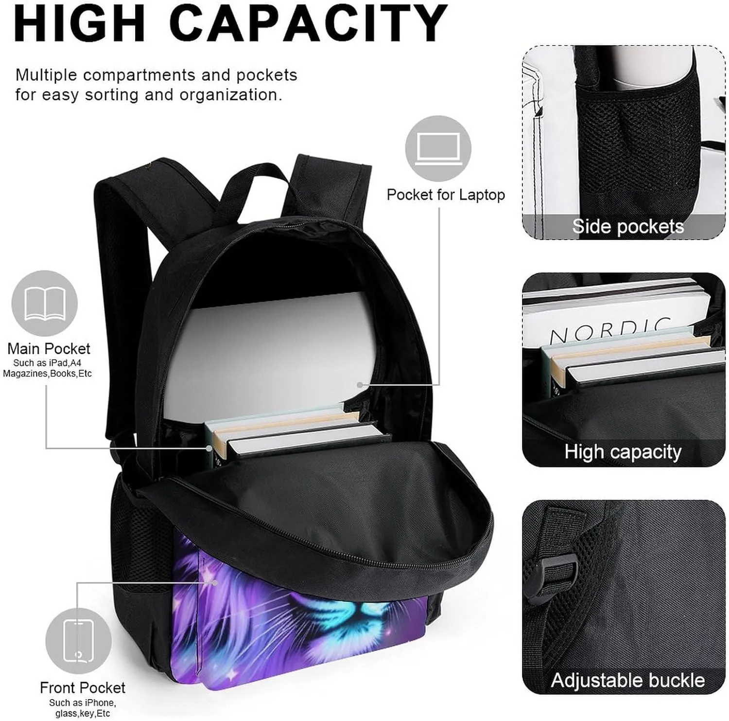 Supdreamc Backpack Sets Daypack Carry On Bag Backpack   Lunch Bag   Pencil Case for Gym Work Bicycle - Mystic Fantasy Galaxy Sky Fantasy Tiger Wild Animals Boho Style, Adult, Travel Hiking Backpack