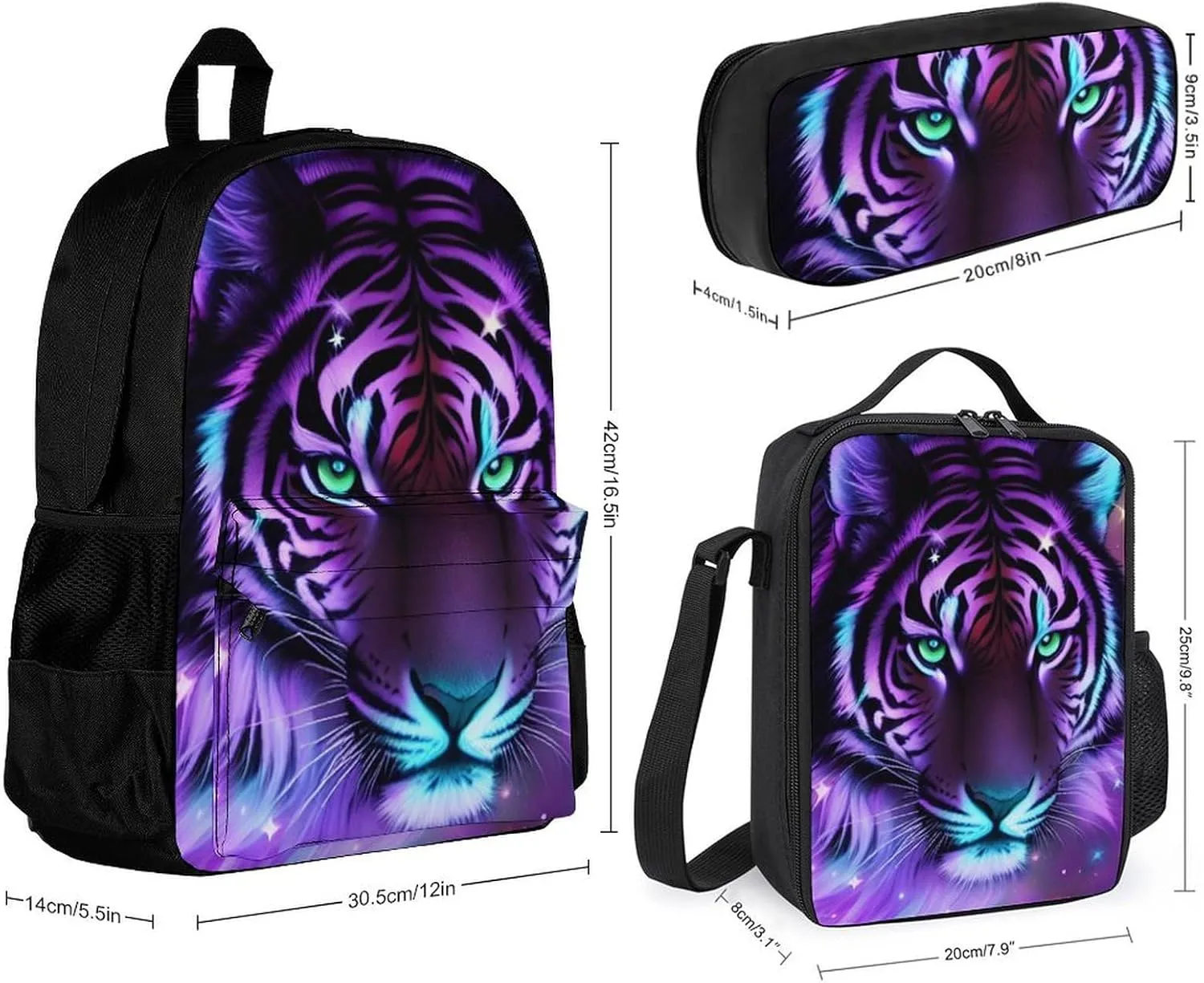 Supdreamc Backpack Sets Daypack Carry On Bag Backpack   Lunch Bag   Pencil Case for Gym Work Bicycle - Mystic Fantasy Galaxy Sky Fantasy Tiger Wild Animals Boho Style, Adult, Travel Hiking Backpack