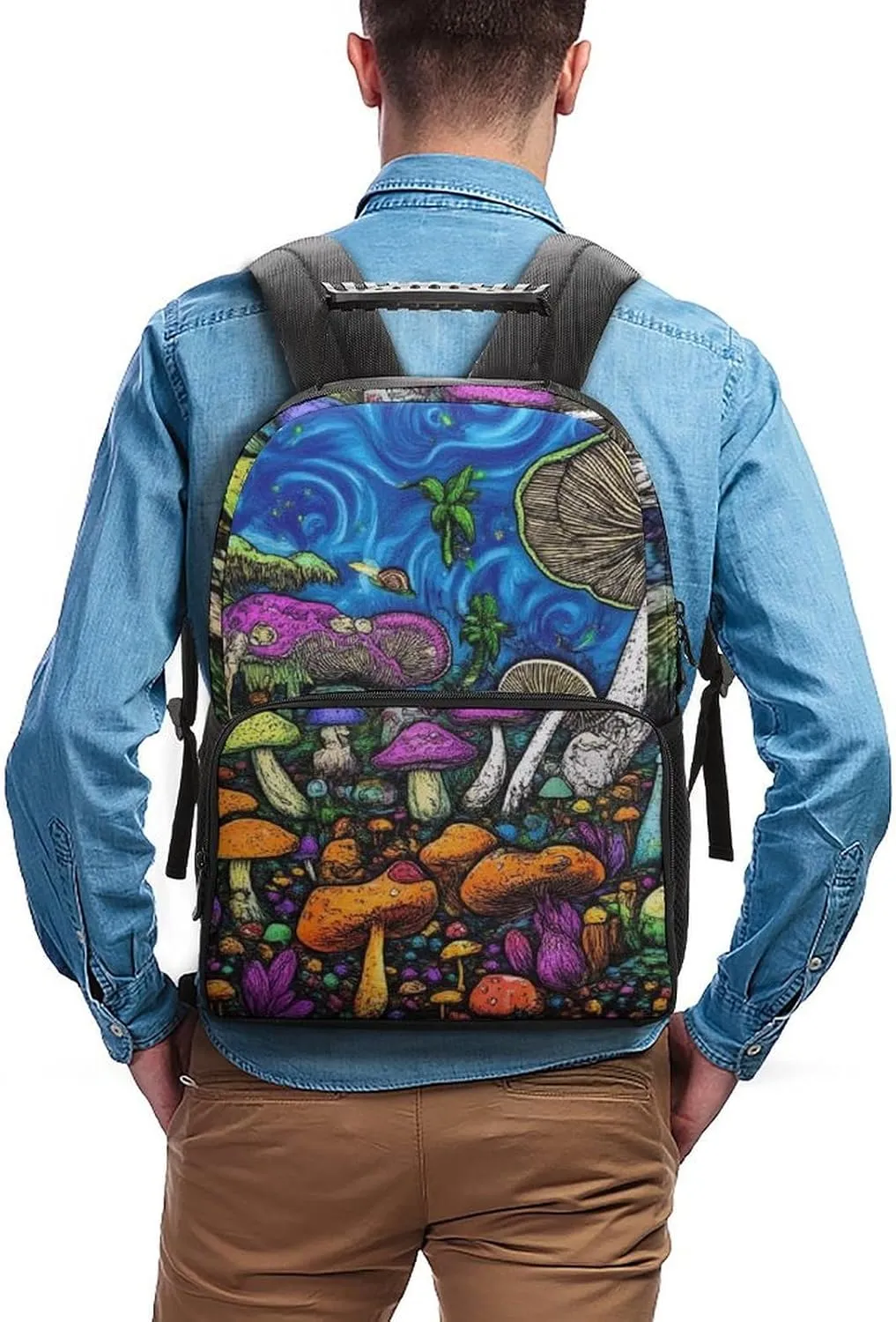 Supdreamc Lightweight Daypack Backpack for Trekking Work Running - Big Capacity Multipurpose Anti-Theft Bookbag, Trippy Mushroom World Business Computer Bag