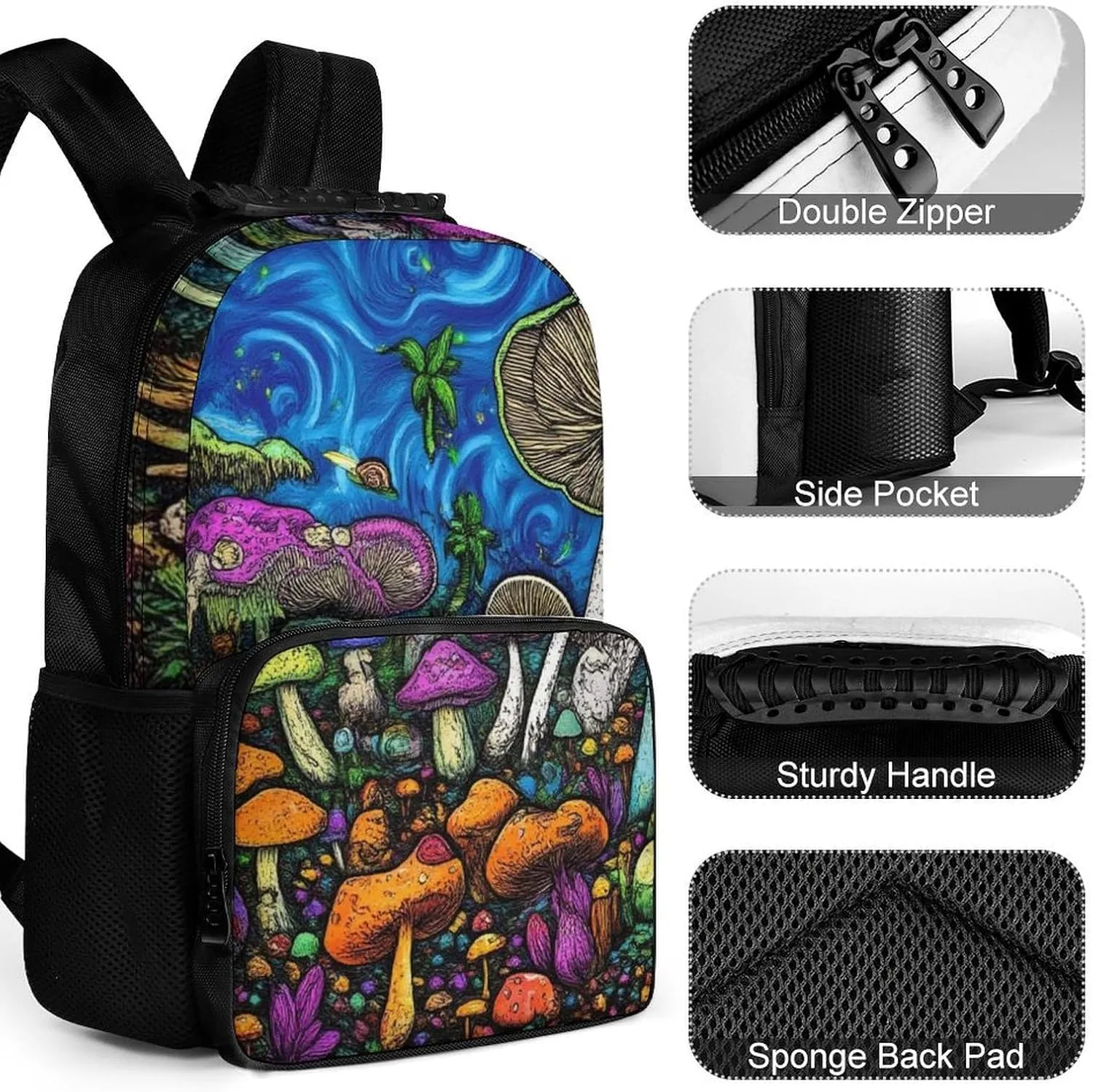 Supdreamc Lightweight Daypack Backpack for Trekking Work Running - Big Capacity Multipurpose Anti-Theft Bookbag, Trippy Mushroom World Business Computer Bag