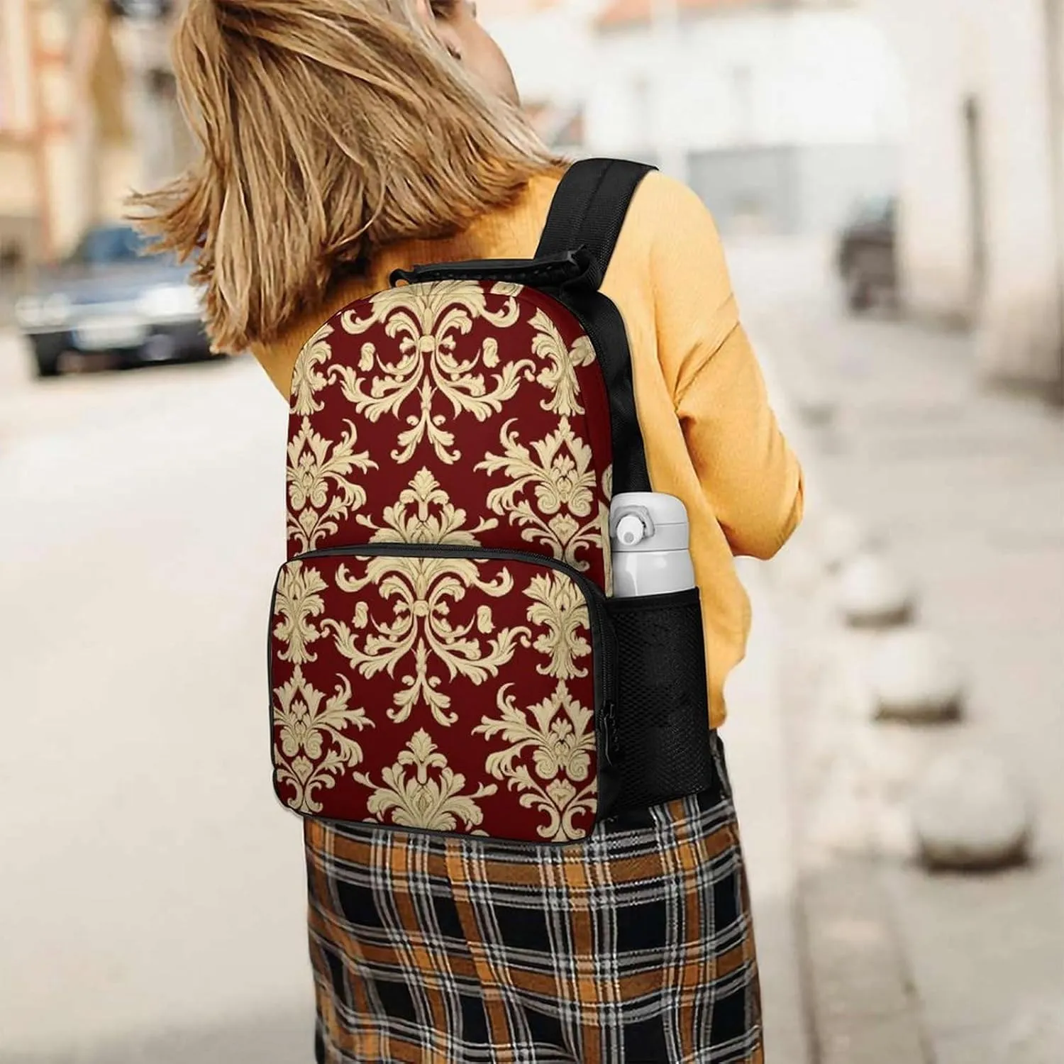 Supdreamc Lightweight Daypack for Camping Business Walking Cycling - Large Capacity Anti-Theft Multipurpose Bookbag, Flower Red Gold Floral Classy Burgundy Antique Gym Outdoor Hiking Backpack