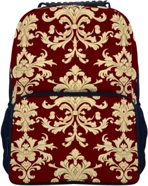 Supdreamc Lightweight Daypack for Camping Business Walking Cycling - Large Capacity Anti-Theft Multipurpose Bookbag, Flower Red Gold Floral Classy Burgundy Antique Gym Outdoor Hiking Backpack