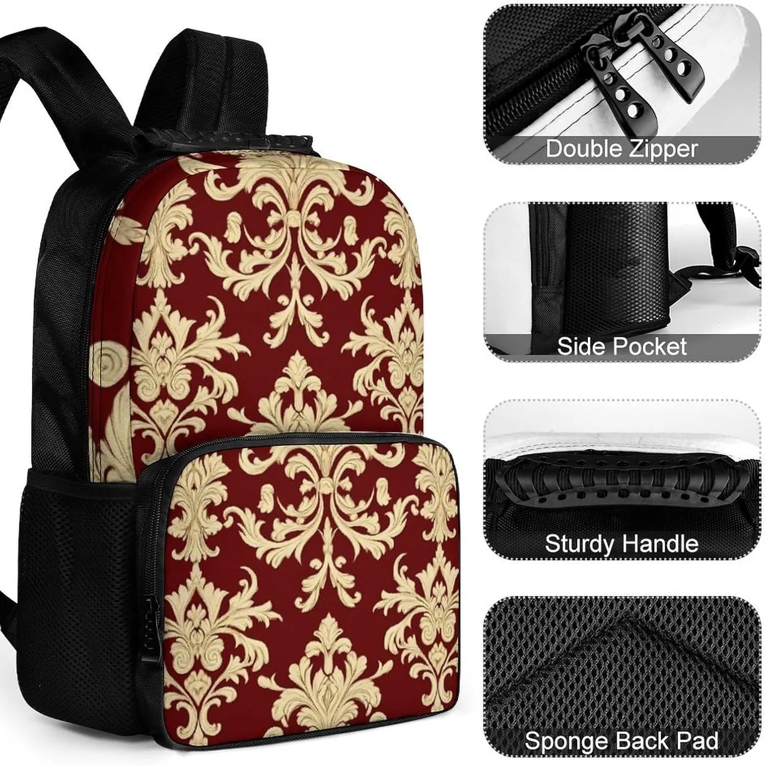 Supdreamc Lightweight Daypack for Camping Business Walking Cycling - Large Capacity Anti-Theft Multipurpose Bookbag, Flower Red Gold Floral Classy Burgundy Antique Gym Outdoor Hiking Backpack