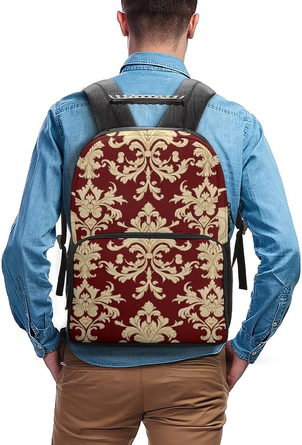Supdreamc Lightweight Daypack for Camping Business Walking Cycling - Large Capacity Anti-Theft Multipurpose Bookbag, Flower Red Gold Floral Classy Burgundy Antique Gym Outdoor Hiking Backpack