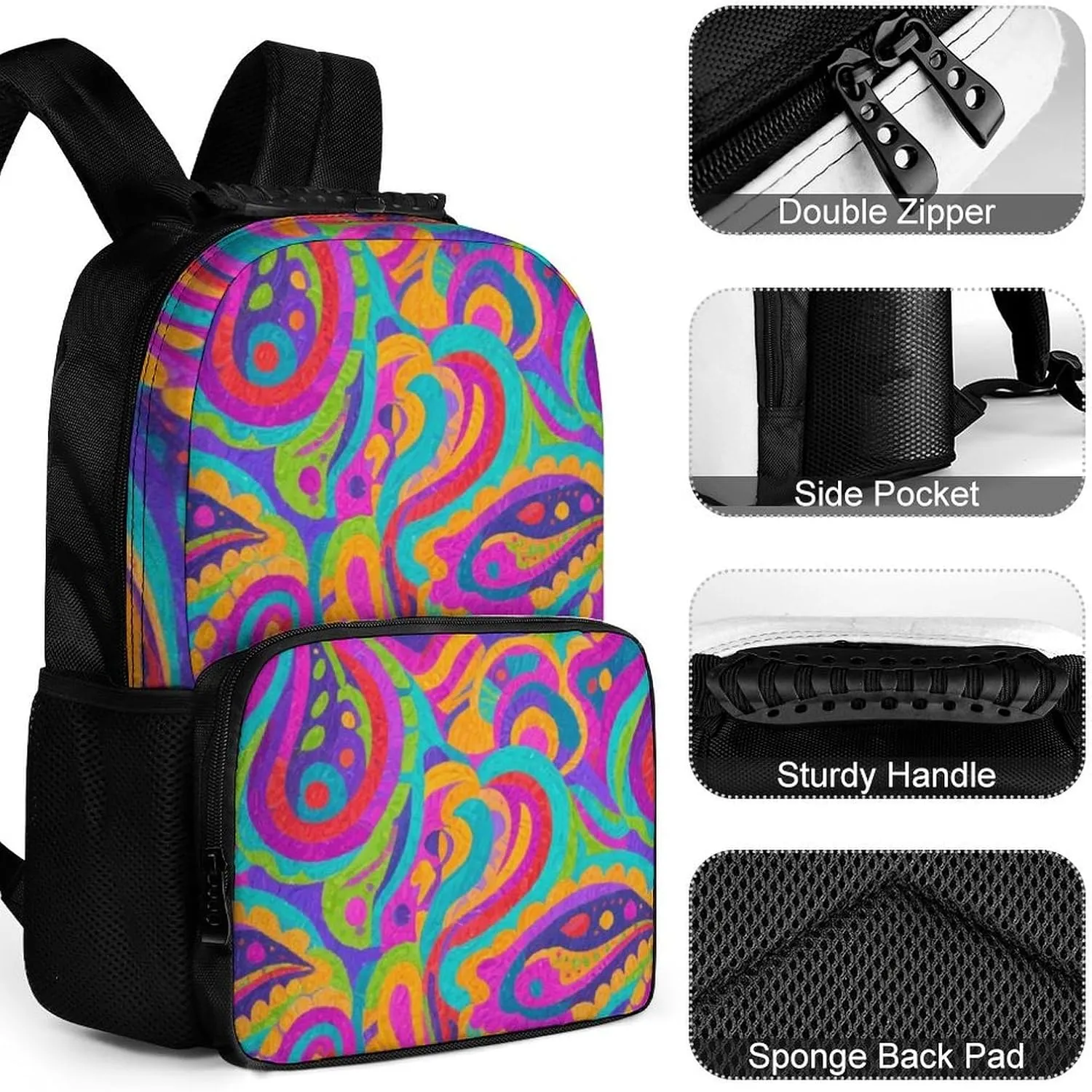 Supdreamc Lightweight Rucksack for Sports Travel Running - Big Capacity Multipurpose Anti-Theft Bookbag, Colorful Flowers Leaves Paisley Art Travel and Sport Backpack Rucksack