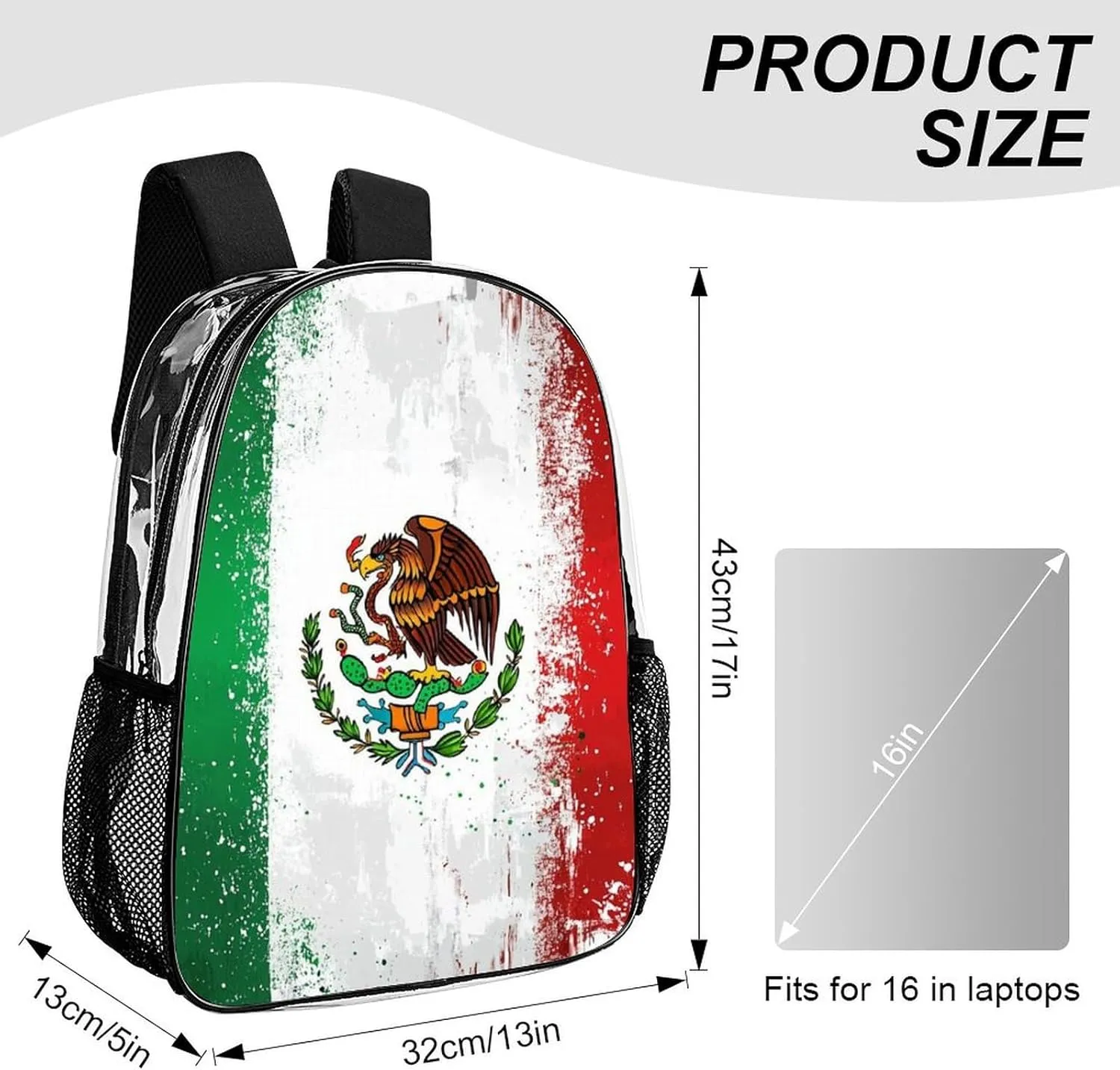 Supdreamc Men & Women Lightweight Cool Mexican Flag Casual Daypack Large Capacity Bookbag Transparent Bag for Gym Business Bicycle