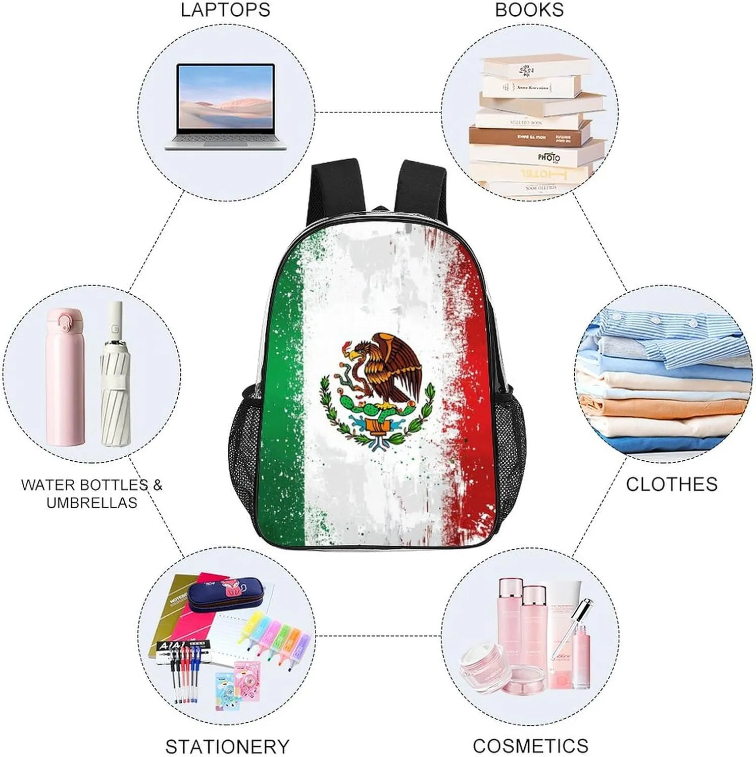 Supdreamc Men & Women Lightweight Cool Mexican Flag Casual Daypack Large Capacity Bookbag Transparent Bag for Gym Business Bicycle