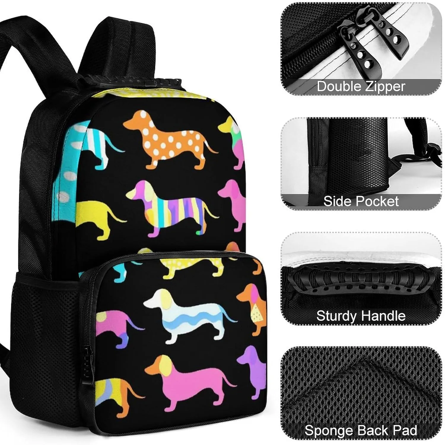 Supdreamc Men Women Lightweight Black Dachshund Puppy Animal Dog Backpack Large Capacity Bookbag With Smooth Zippers for Gym Business Running