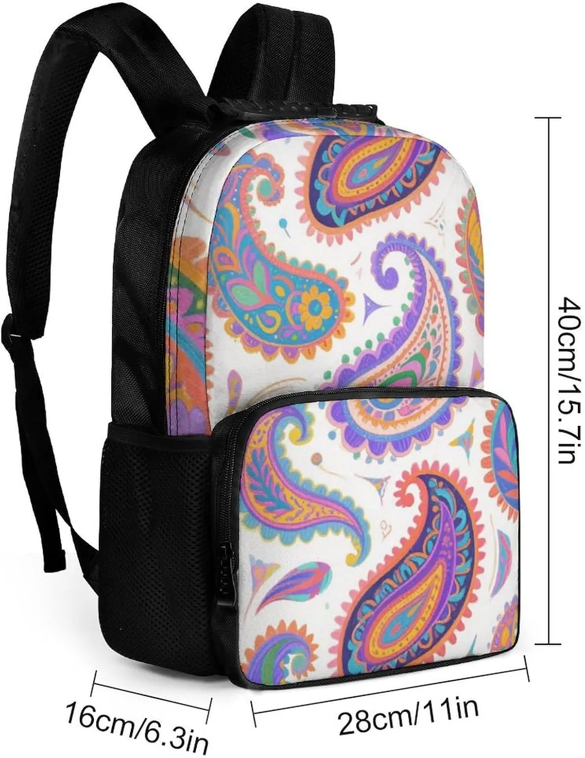 Supdreamc Men Women Polyester Colorful Flowers Leaves Paisley Art Daypack Big Capacity Shoulder Bag With Smooth Zippers for Hiking Work Walking Cycling