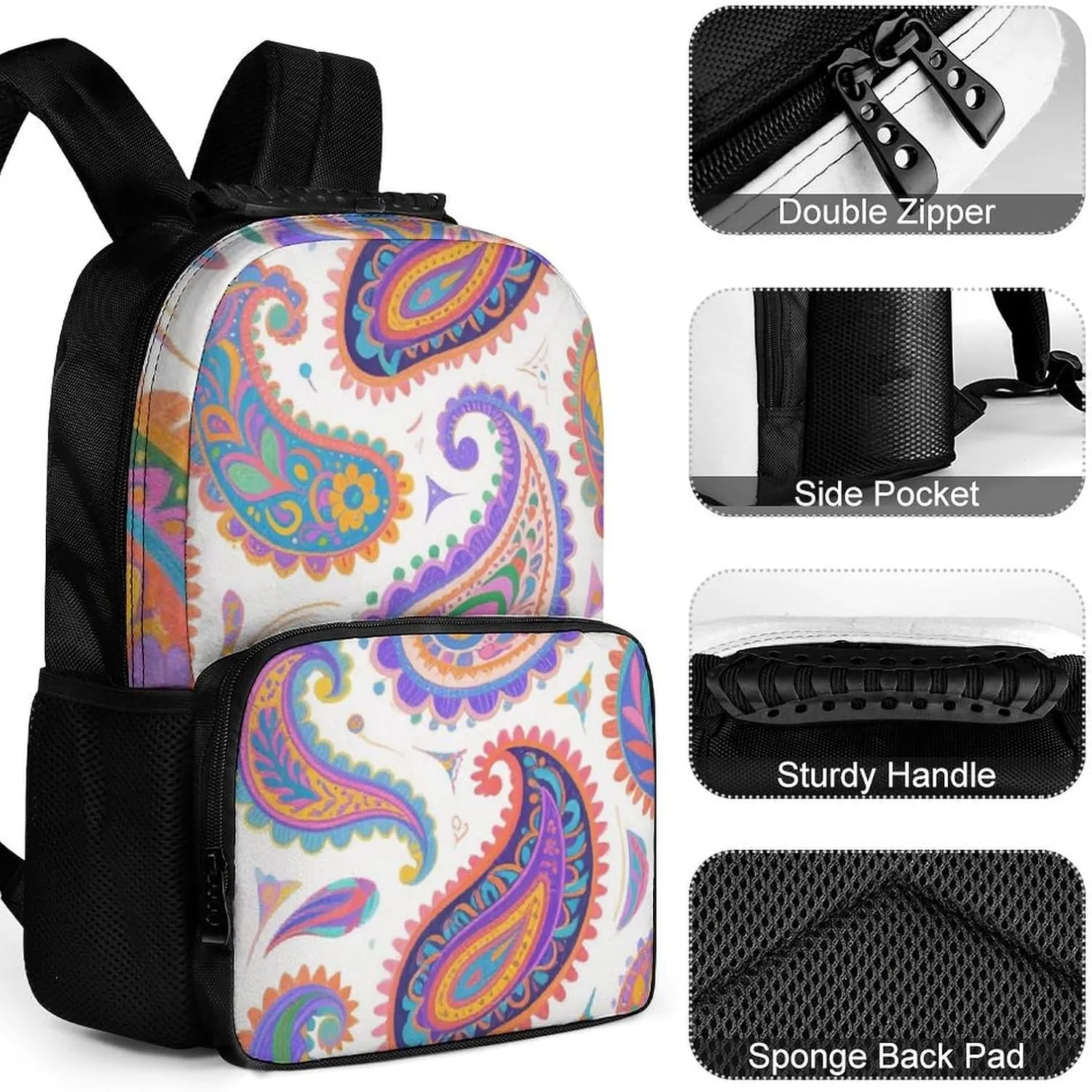 Supdreamc Men Women Polyester Colorful Flowers Leaves Paisley Art Daypack Big Capacity Shoulder Bag With Smooth Zippers for Hiking Work Walking Cycling