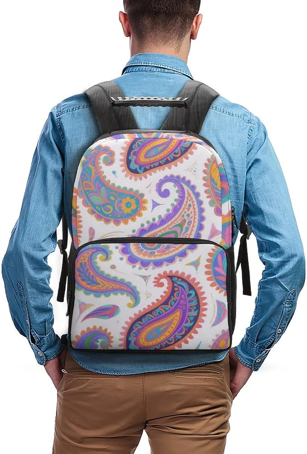 Supdreamc Men Women Polyester Colorful Flowers Leaves Paisley Art Daypack Big Capacity Shoulder Bag With Smooth Zippers for Hiking Work Walking Cycling