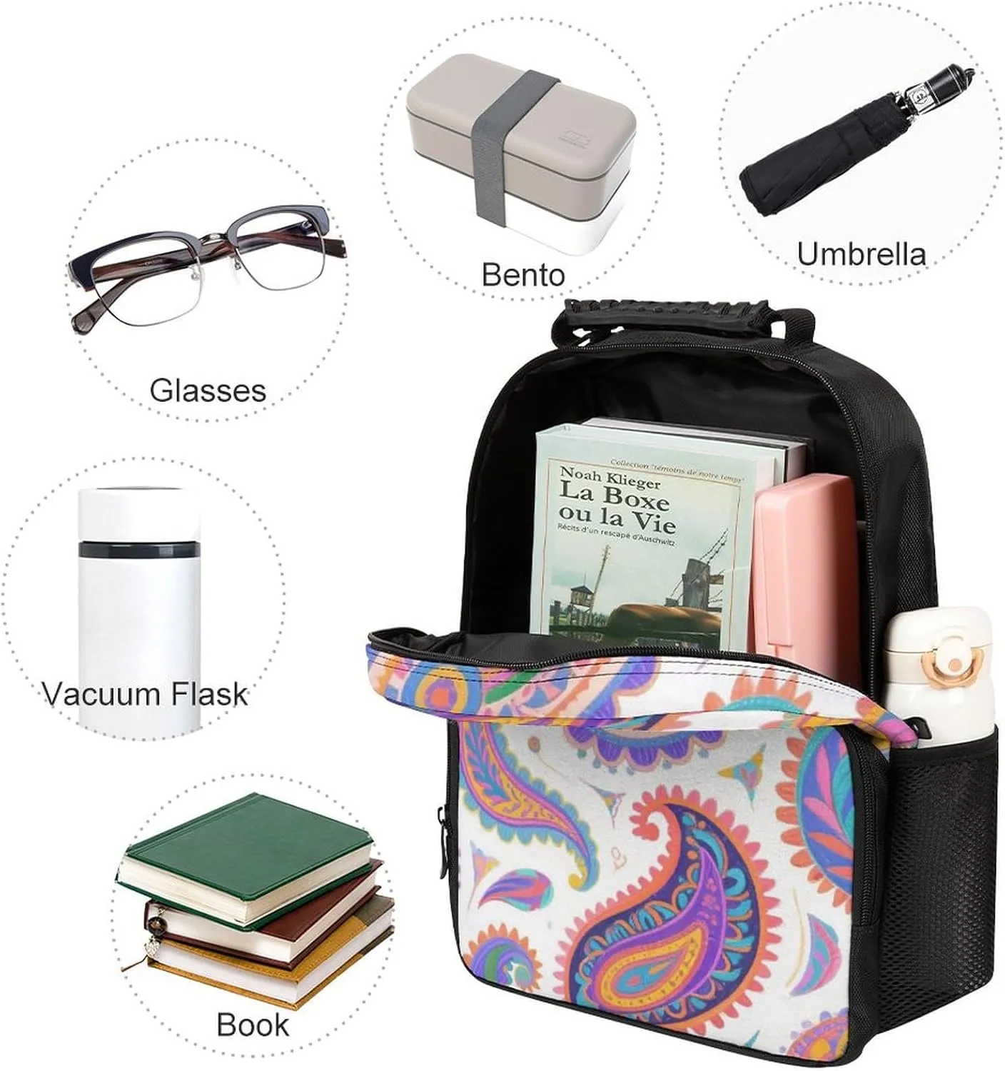 Supdreamc Men Women Polyester Colorful Flowers Leaves Paisley Art Daypack Big Capacity Shoulder Bag With Smooth Zippers for Hiking Work Walking Cycling